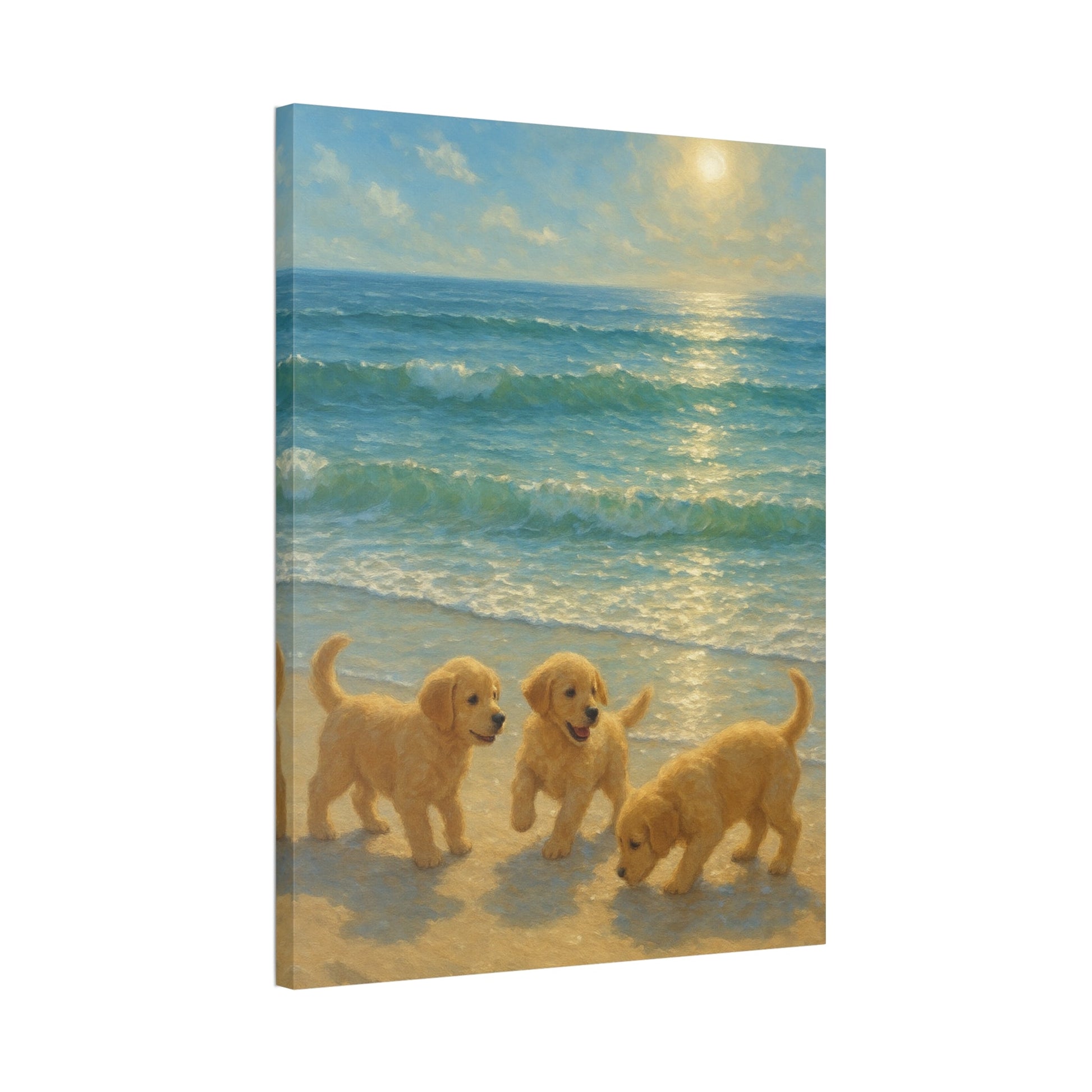 Abstract canvas wall art of three Golden Retriever puppies playing on a sunlit beach with turquoise waves and warm sunlight reflection.