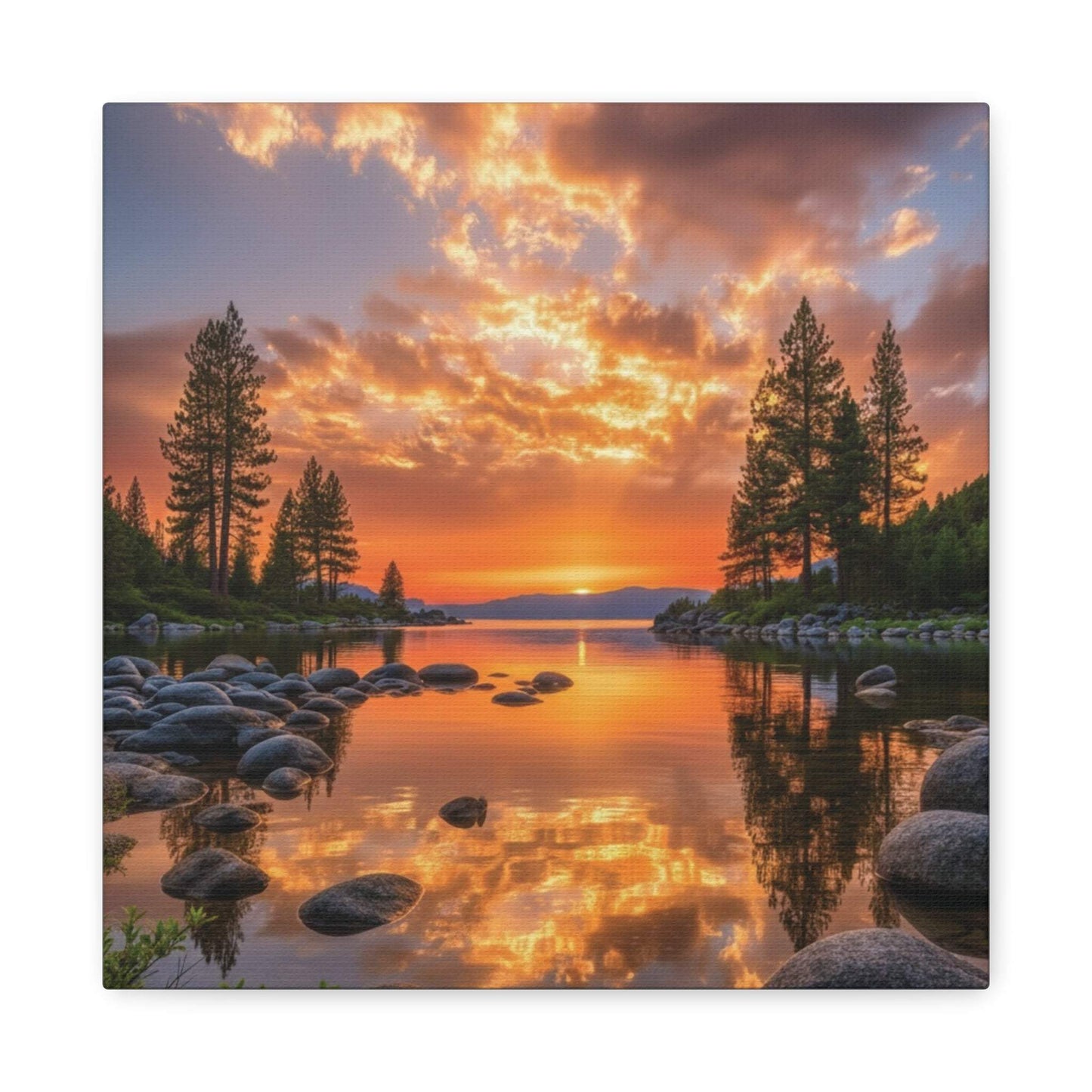 Canvas wall art of sunrise over a serene evergreen path with golden light and lush green trees
