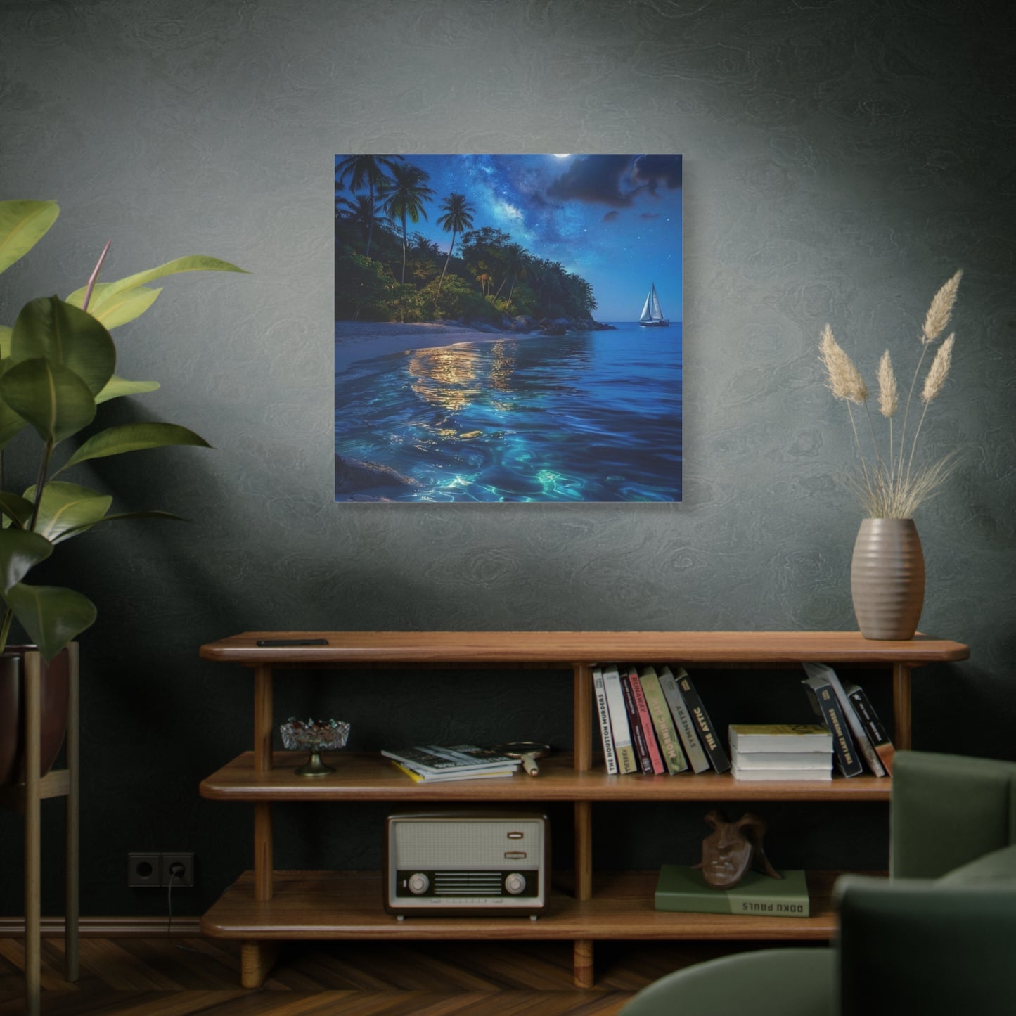 Moonlit Tropical Beach Canvas Wall Art — Night Sail Ocean Landscape