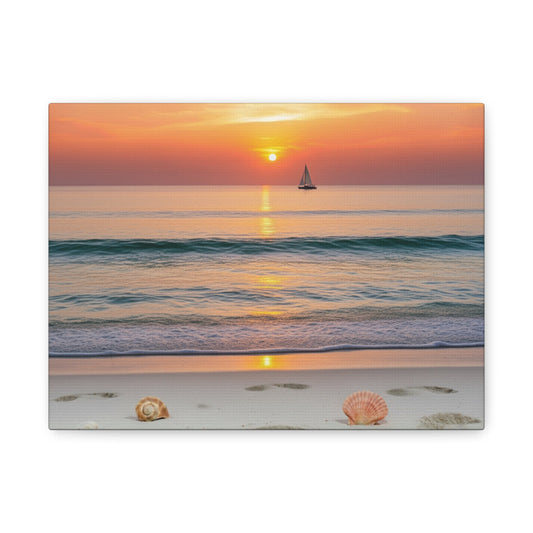 Canvas wall art featuring serene sunset over ocean with sailboat and seashells on beach
