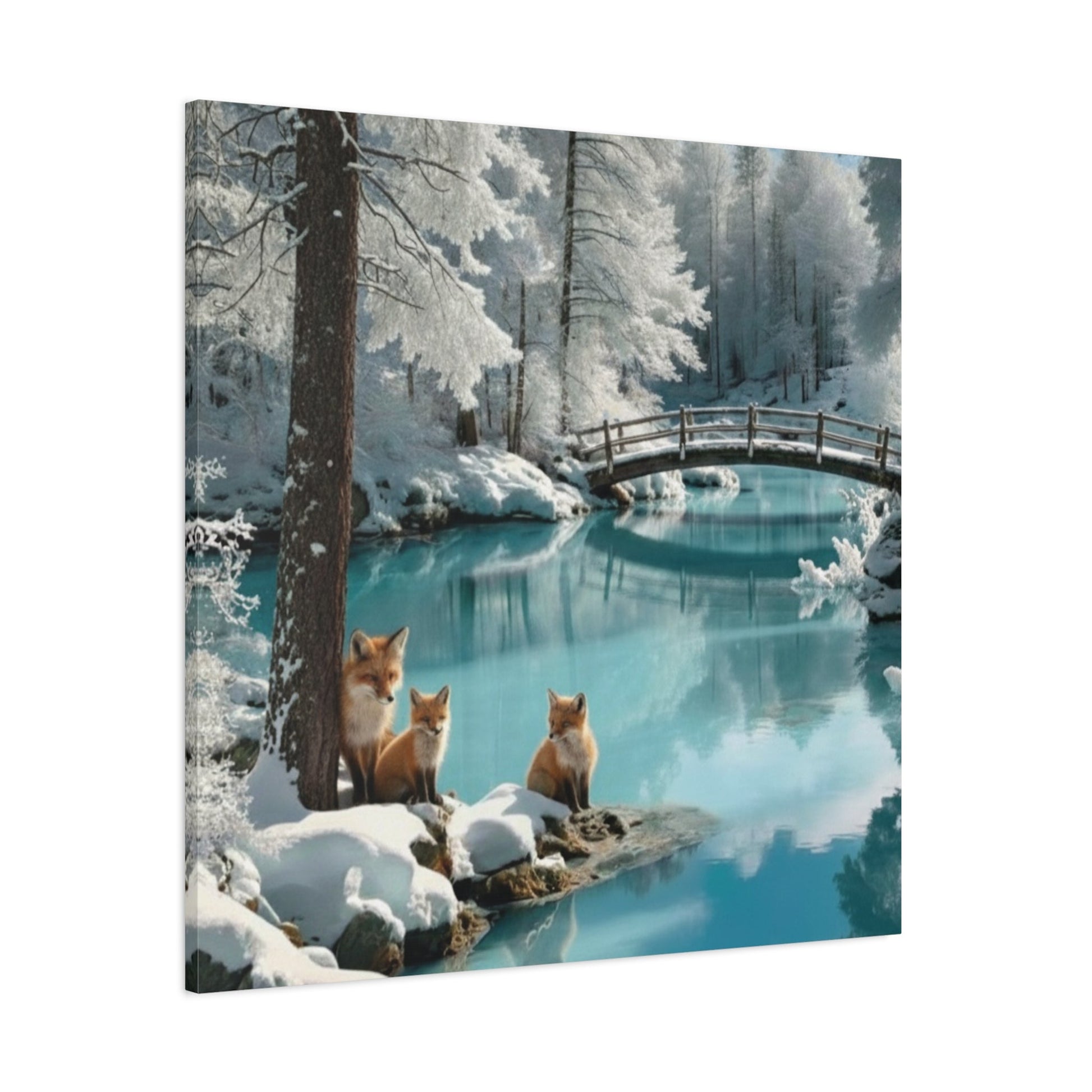 Canvas wall art featuring winter foxes by a snowy river with a wooden bridge in a serene winter landscape