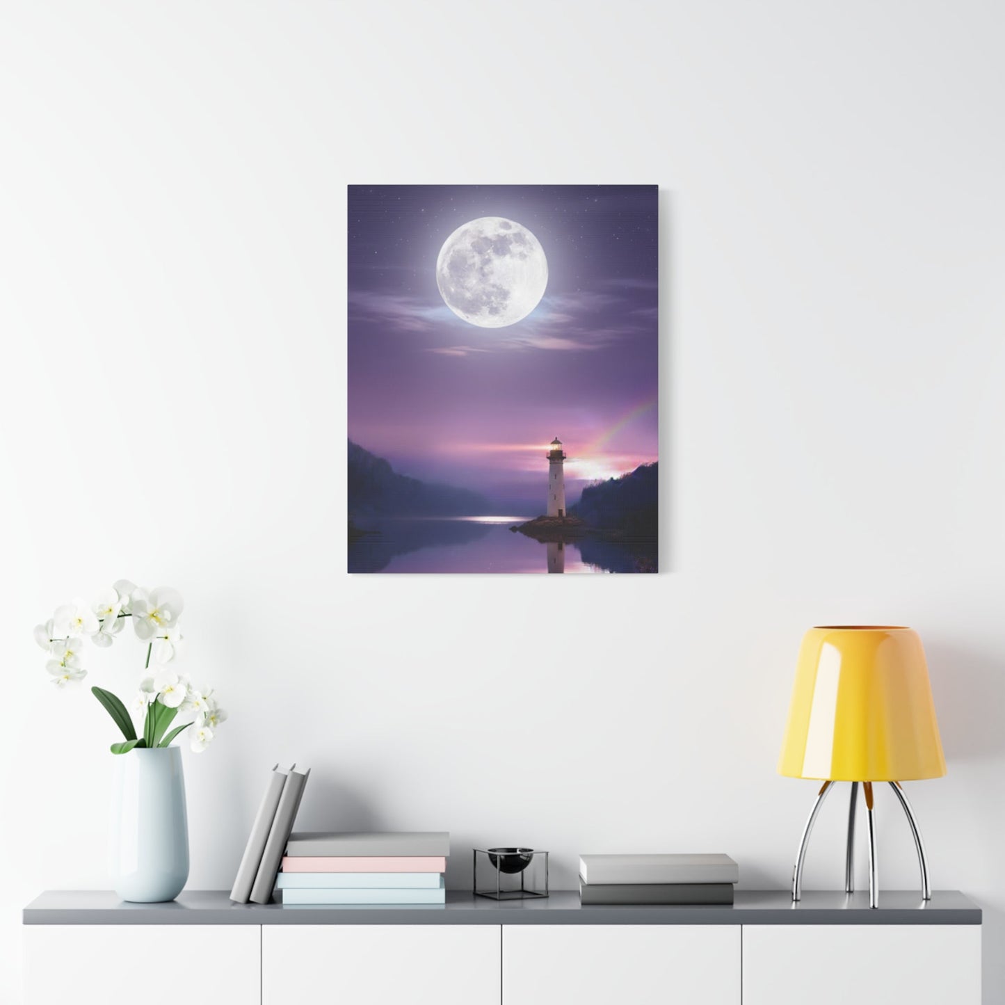 Canvas wall art depicting a tranquil lighthouse under a full moon over a calm lake with violet and indigo tones