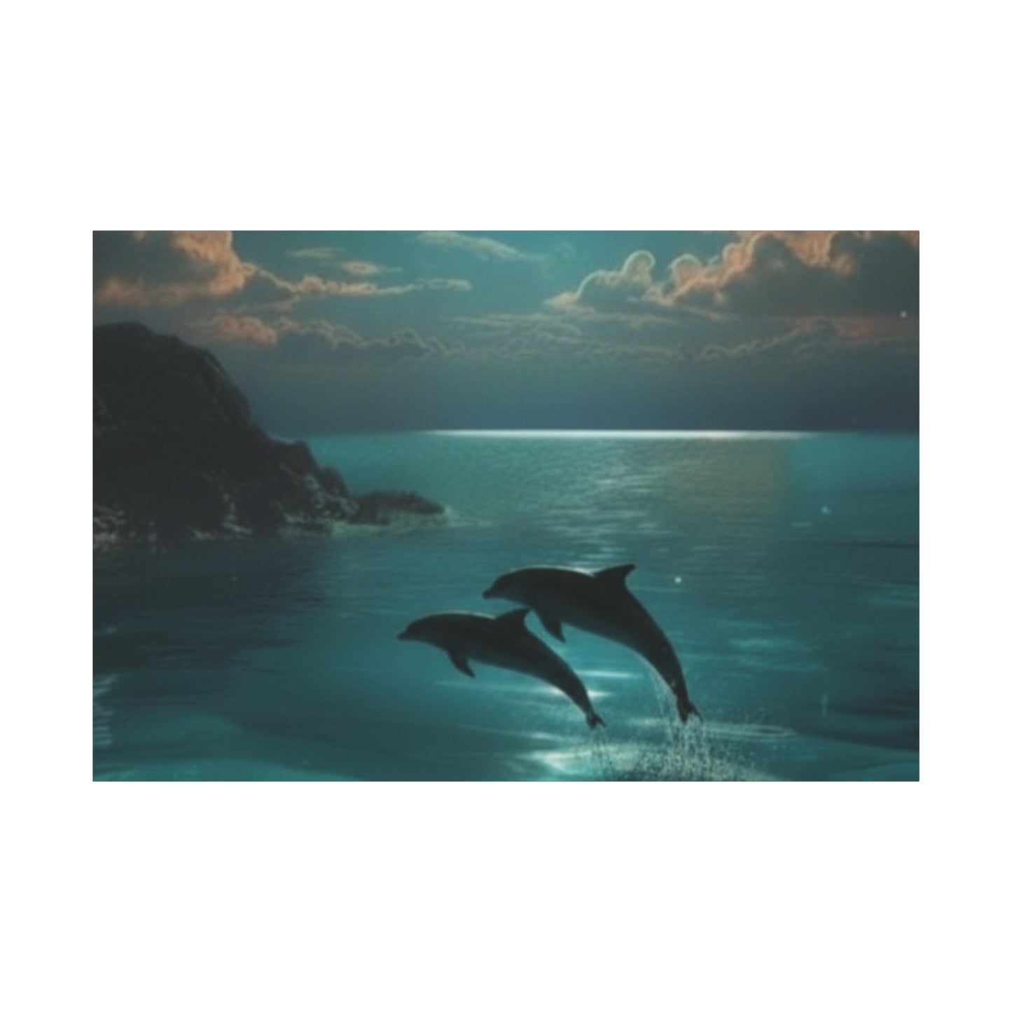 Dolphins in Turquoise Moonlit Ocean Canvas Wall Art