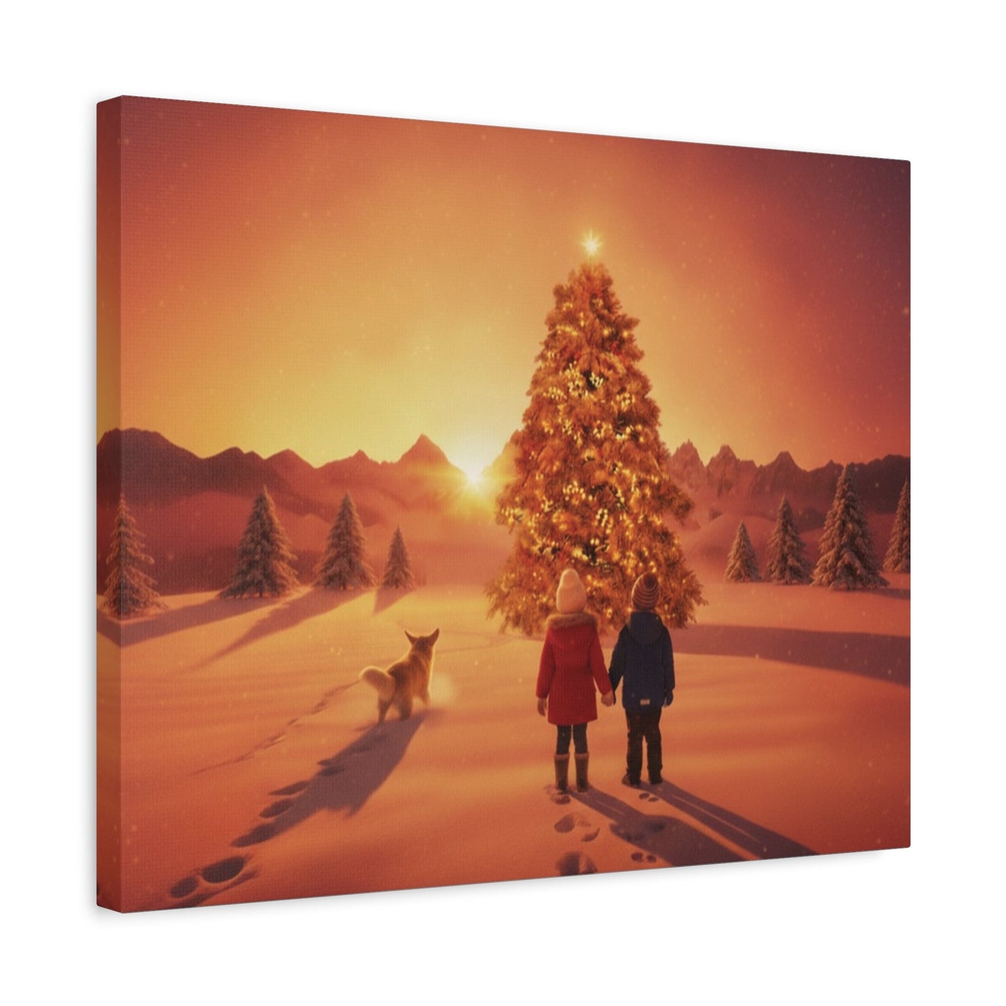 Canvas wall art of children and golden retriever discovering illuminated Christmas tree at sunrise in snowy field