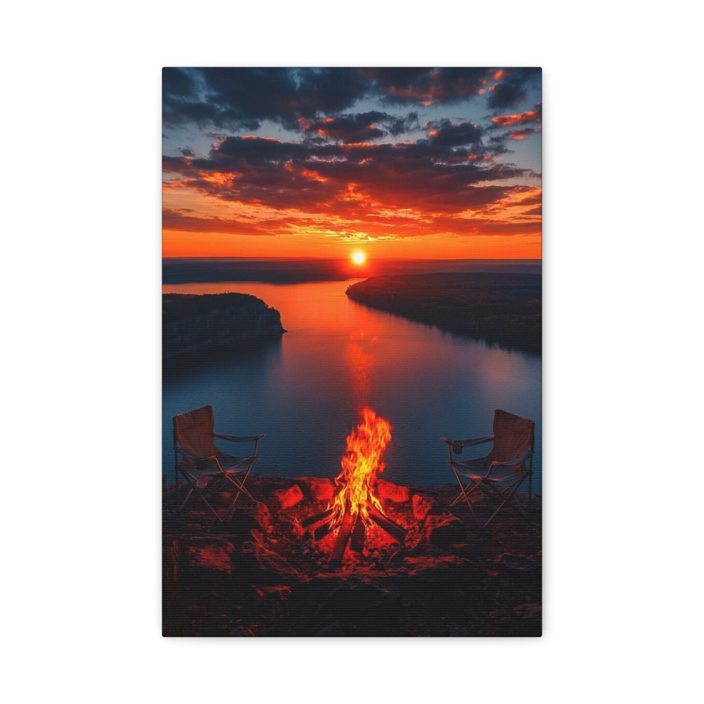 Red Sunset River Canvas — Relaxing by Fire Matte Stretched Wall Art