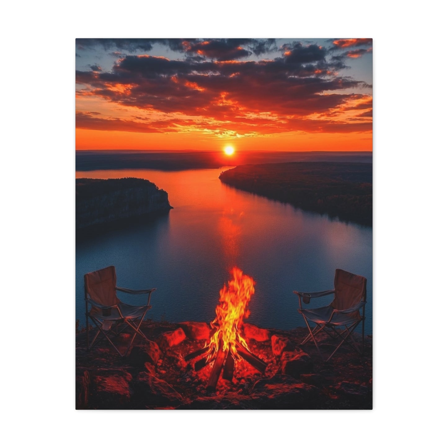 Red Sunset River Canvas — Relaxing by Fire Matte Stretched Wall Art