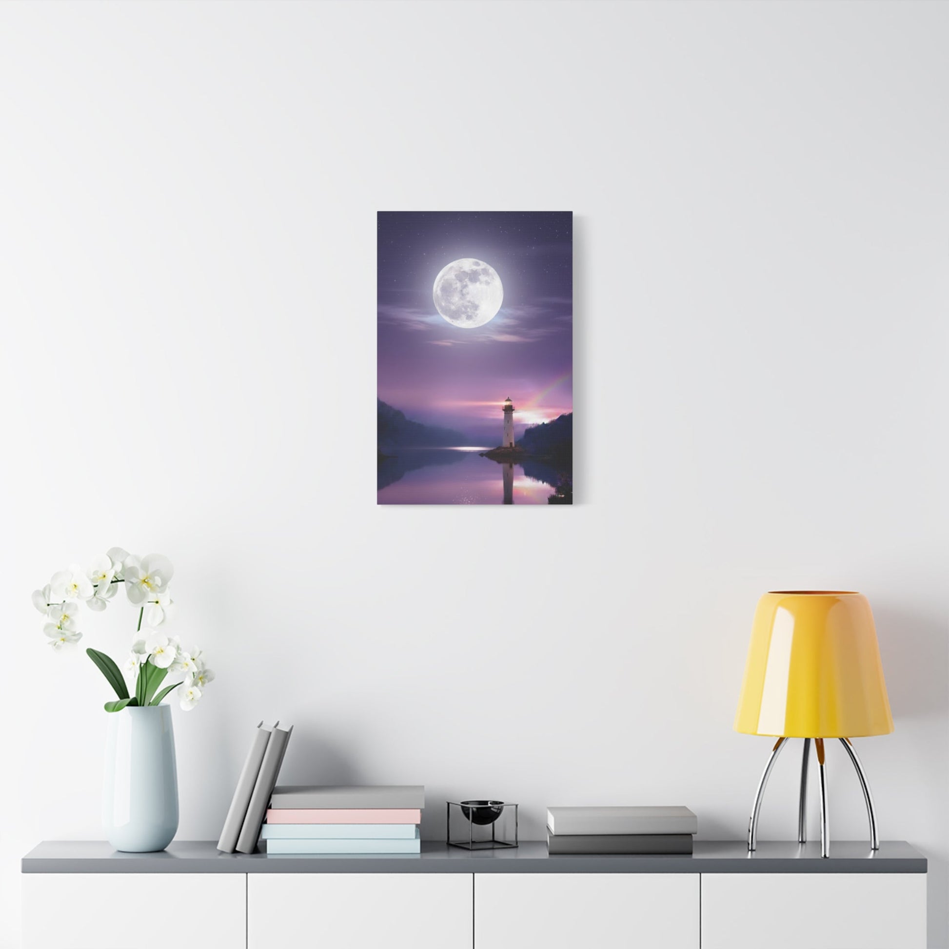 Canvas wall art depicting a tranquil lighthouse scene under a full moon with violet and indigo tones.