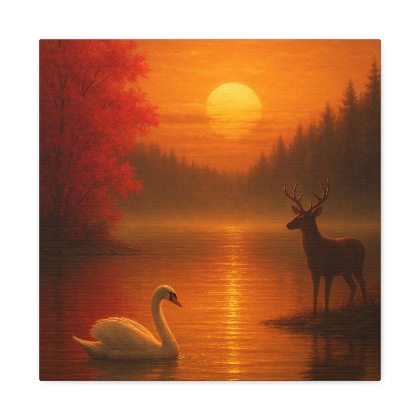Dusk on the Autumn Lake Sunset canvas art with swan on lake and deer by pine forest under fiery sunset