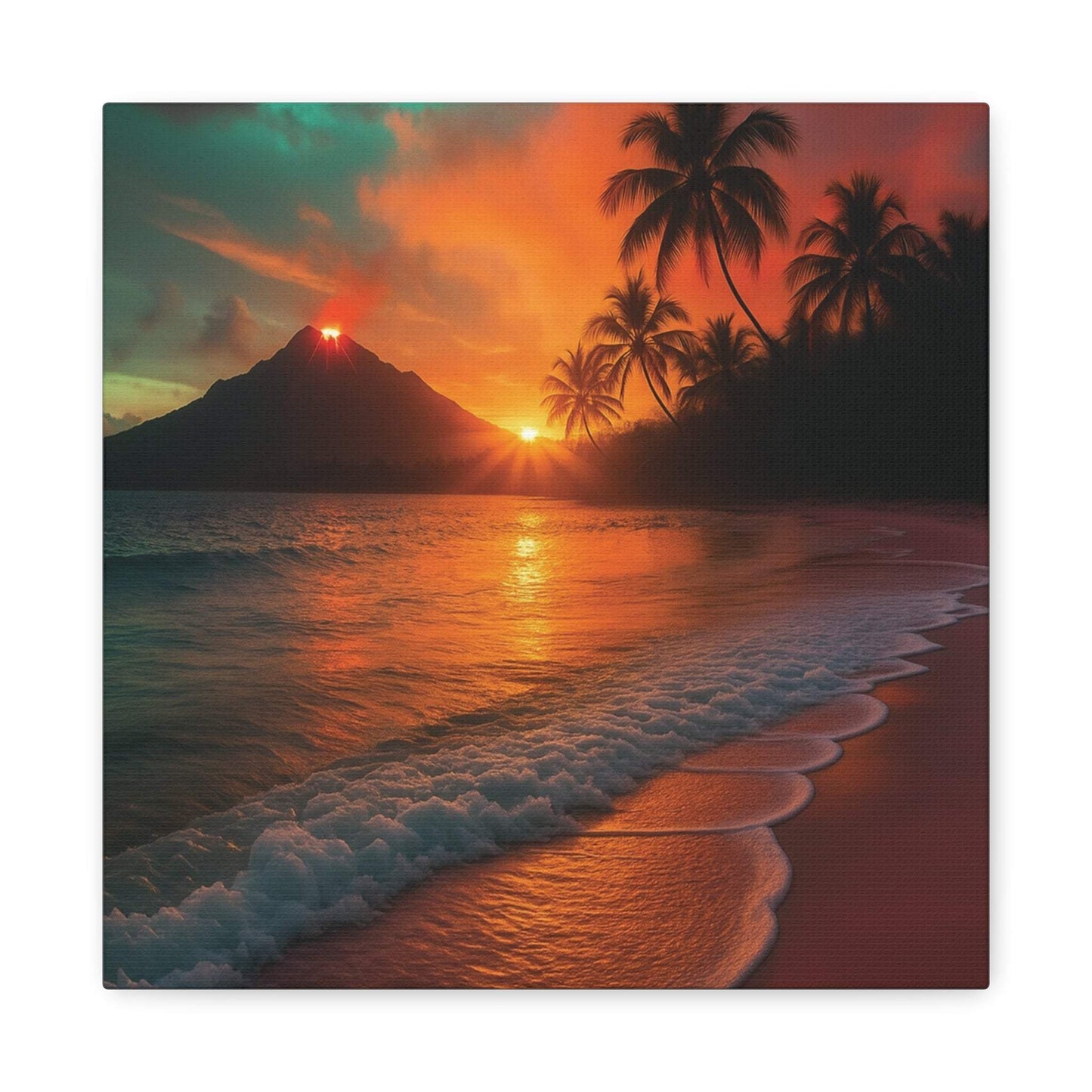 Canvas wall art depicting lava flowing from a volcano and a sunrise over the ocean with palm trees on the shore