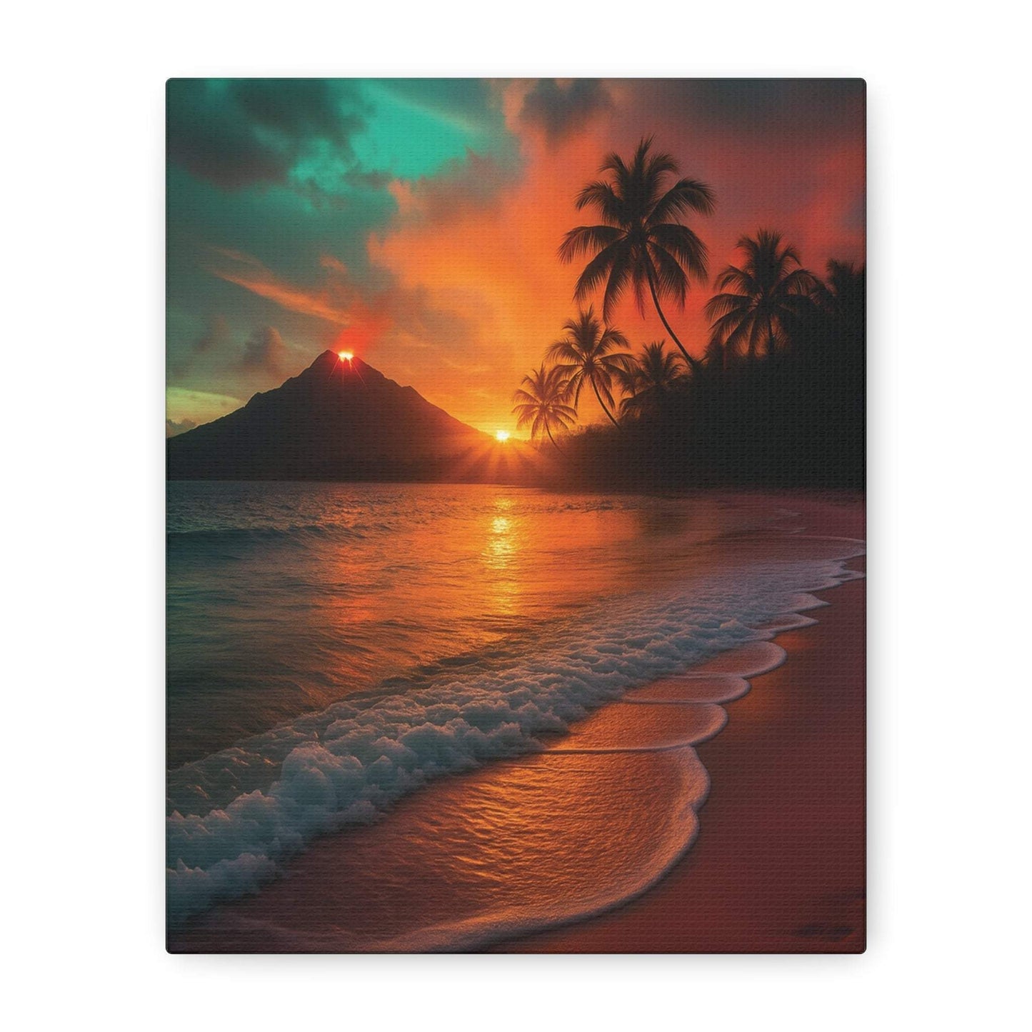 Canvas wall art showing red lava flowing from a volcano at sunrise with palm trees and ocean waves reflecting the light.