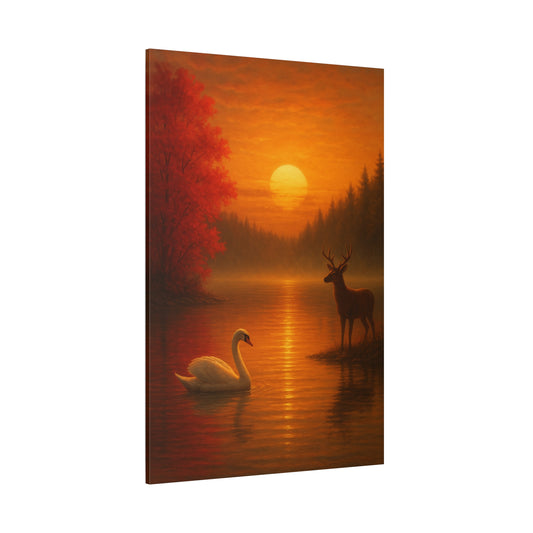 Painting of a deer and swan on a lake with a sunset in the background