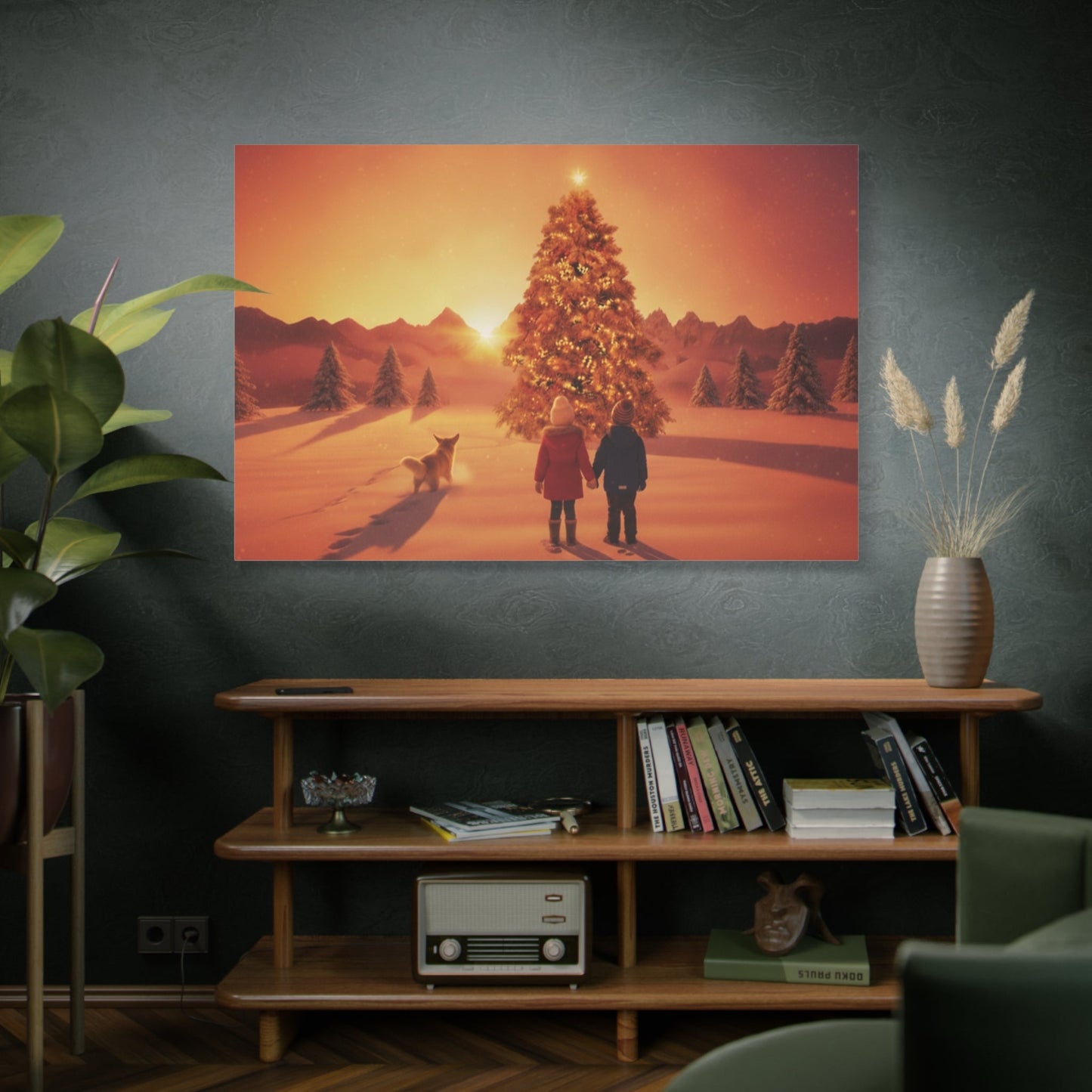 Canvas wall art of children and golden retriever admiring a glowing Christmas tree at sunrise in snowy field