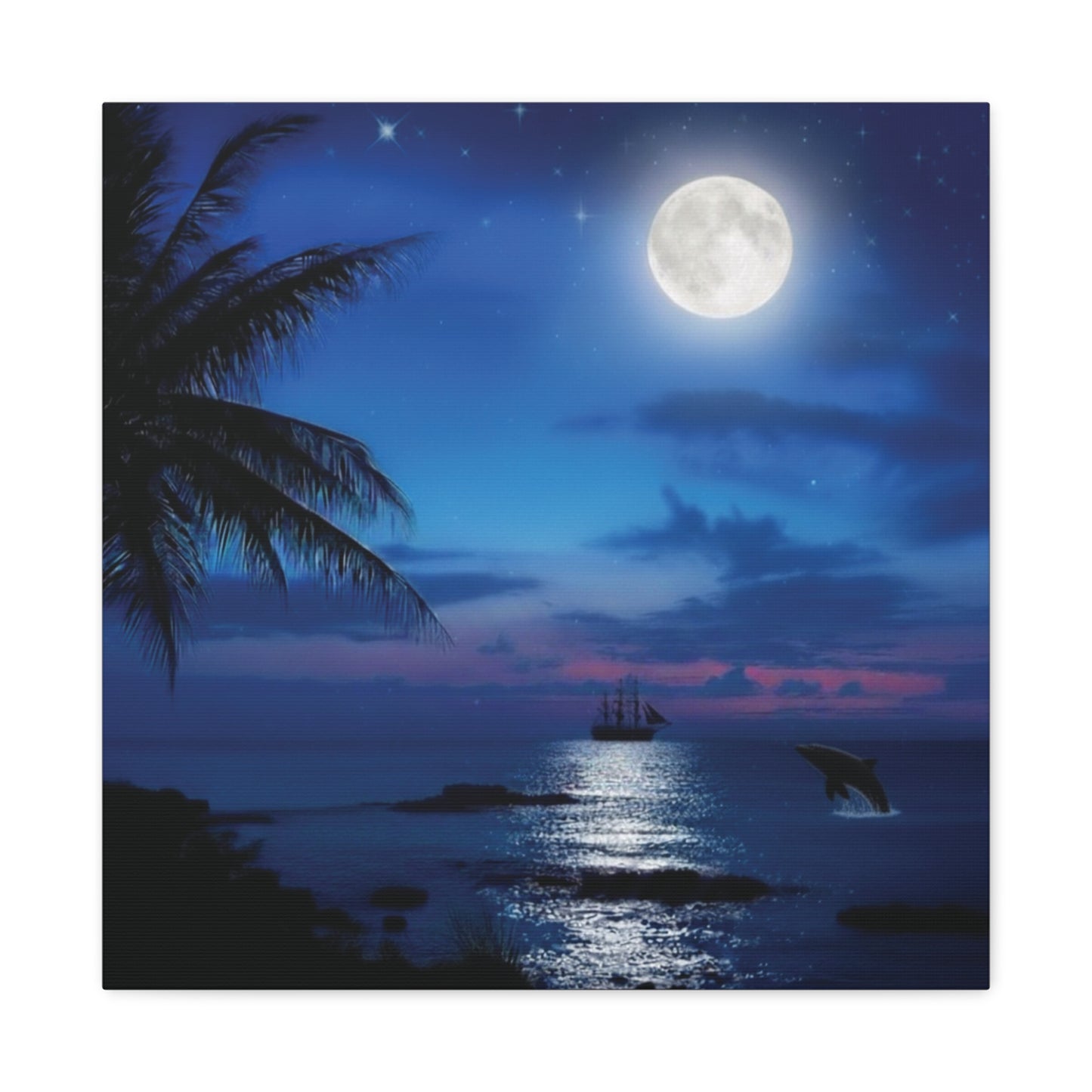 Blue Sky Moon lit Tropical Escape Canvas Wall Art