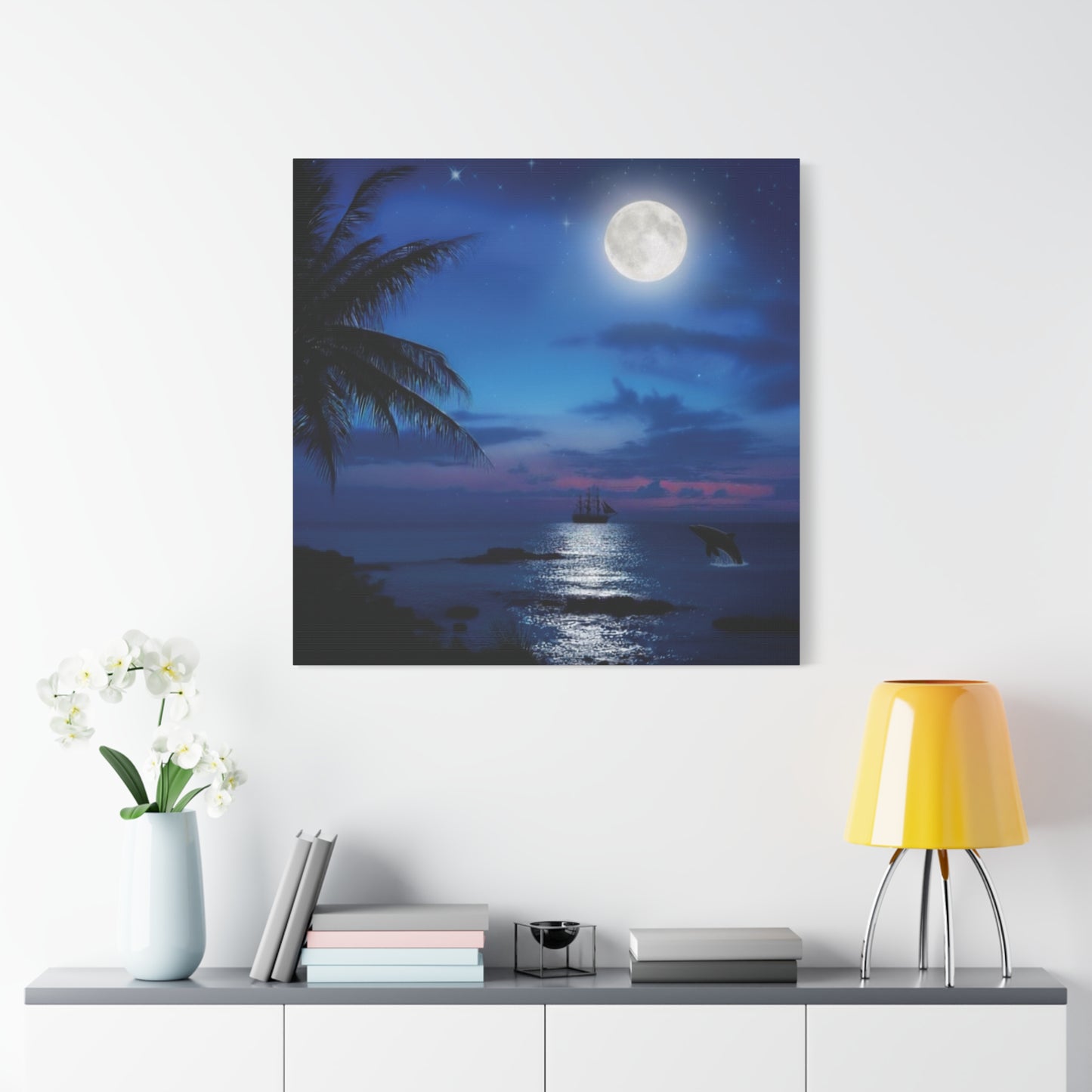 Blue Sky Moon lit Tropical Escape Canvas Wall Art