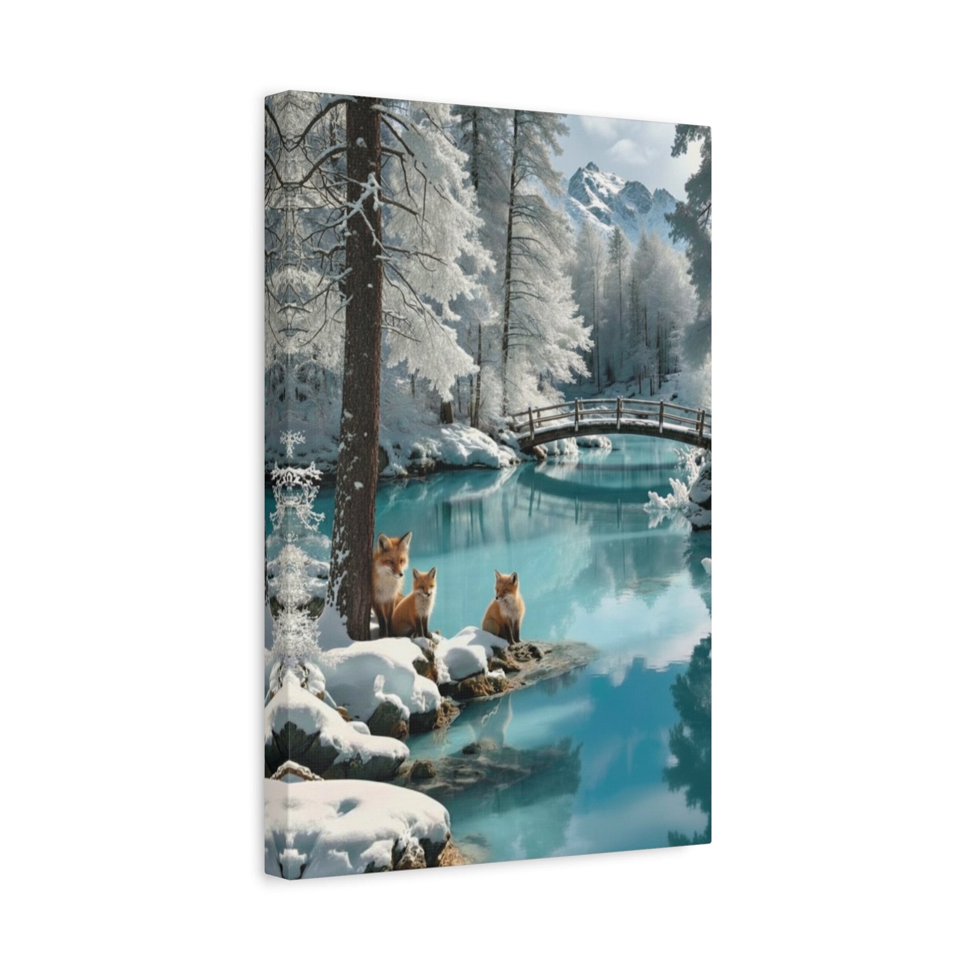 Winter landscape canvas wall art with foxes by serene snowy river and wooden bridge