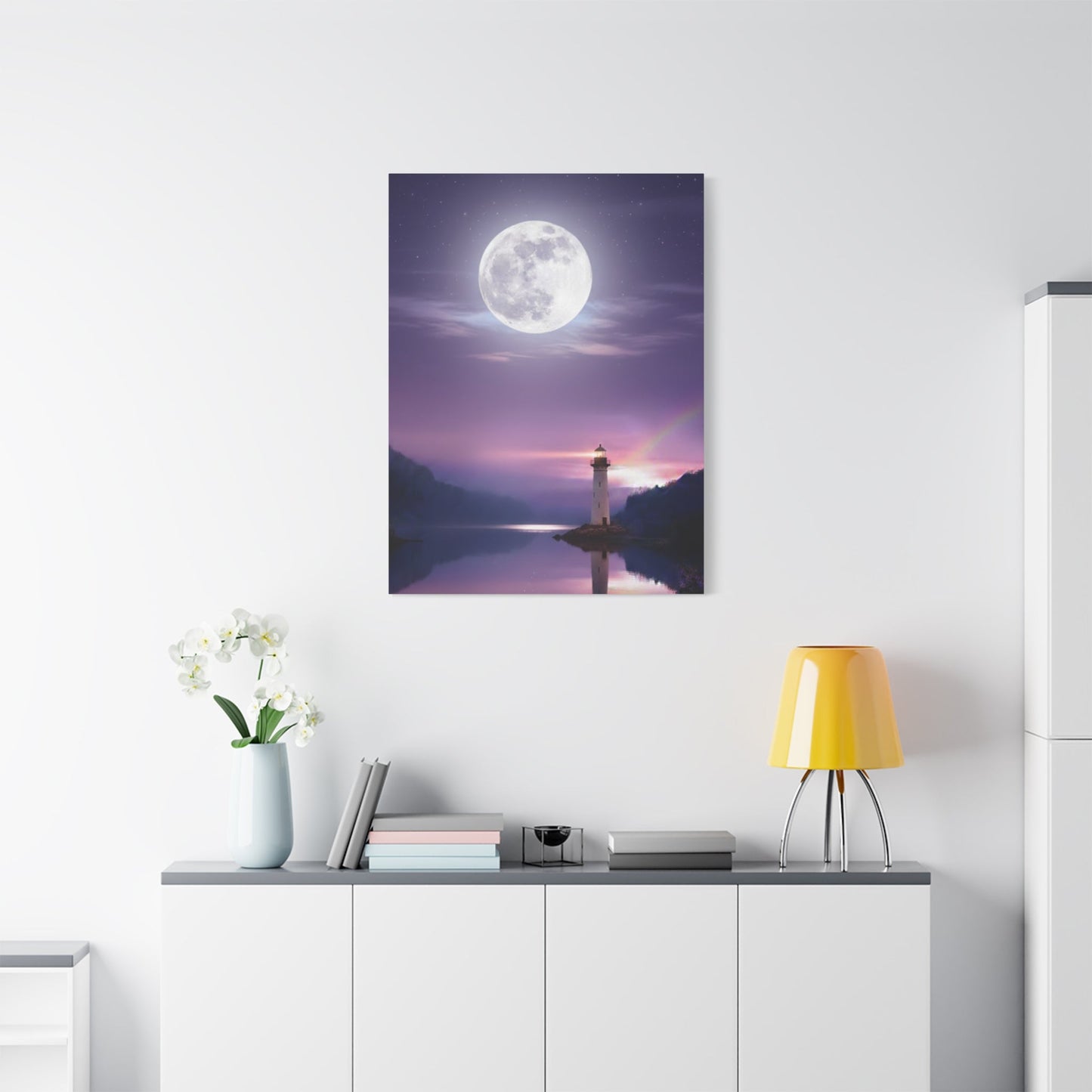 Canvas wall art of a full moon and lighthouse reflecting on a calm lake in serene violet and indigo tones.
