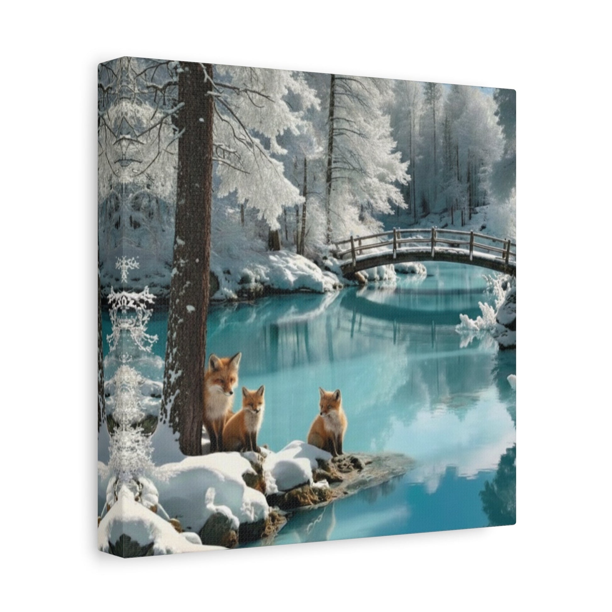Canvas wall art featuring winter foxes by a snowy river with a wooden bridge in a serene winter landscape