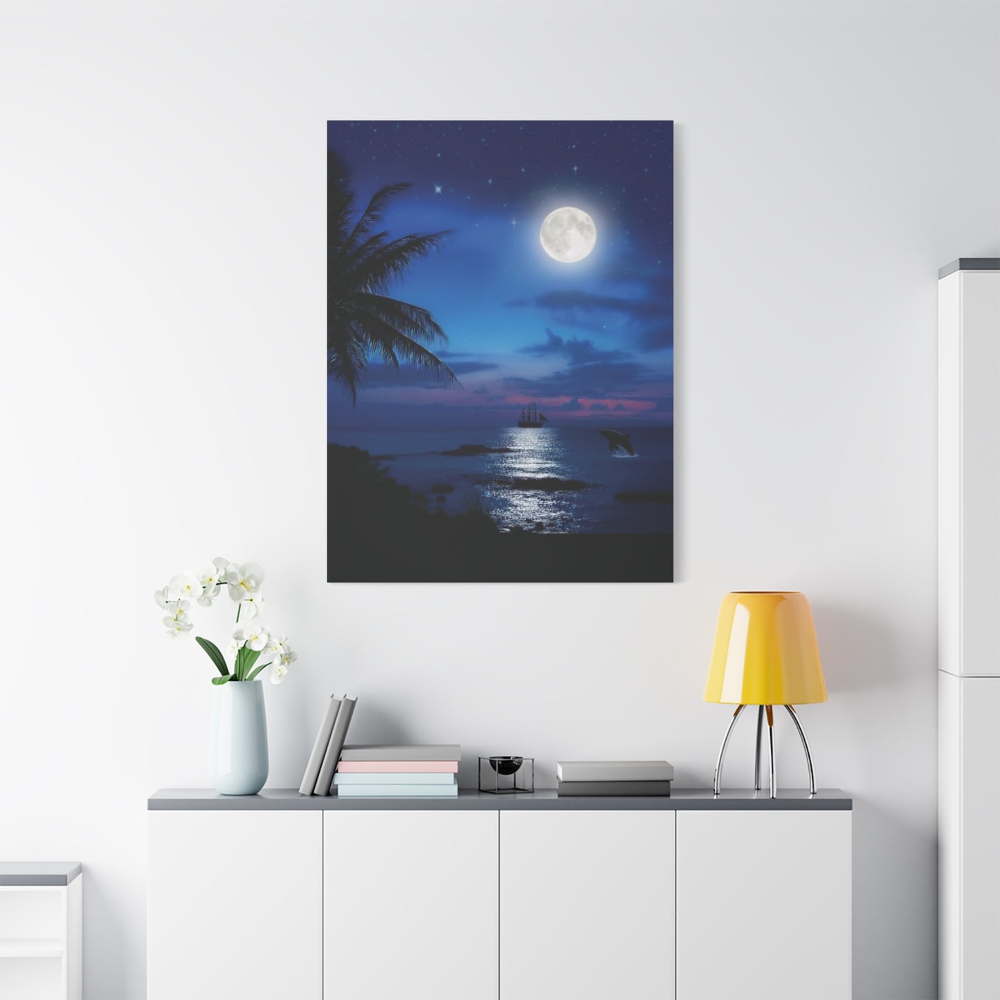 Blue Sky Moon lit Tropical Escape Canvas Wall Art