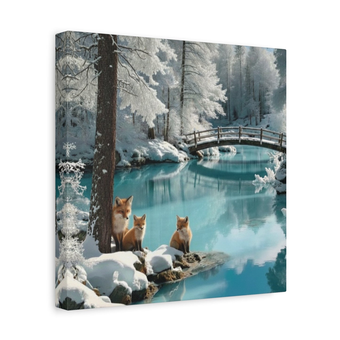 Canvas wall art featuring winter landscape with foxes by a snowy river and wooden bridge