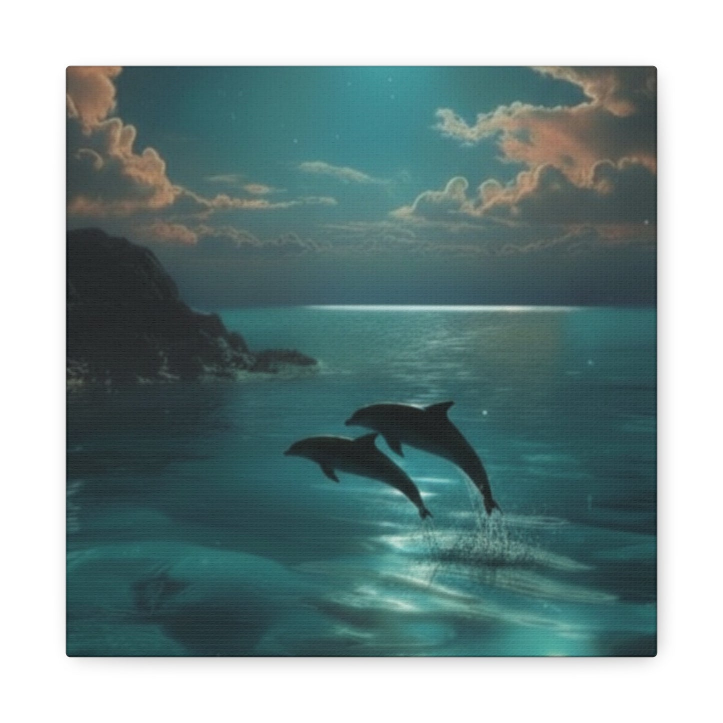Dolphins in Turquoise Moonlit Ocean Canvas Wall Art