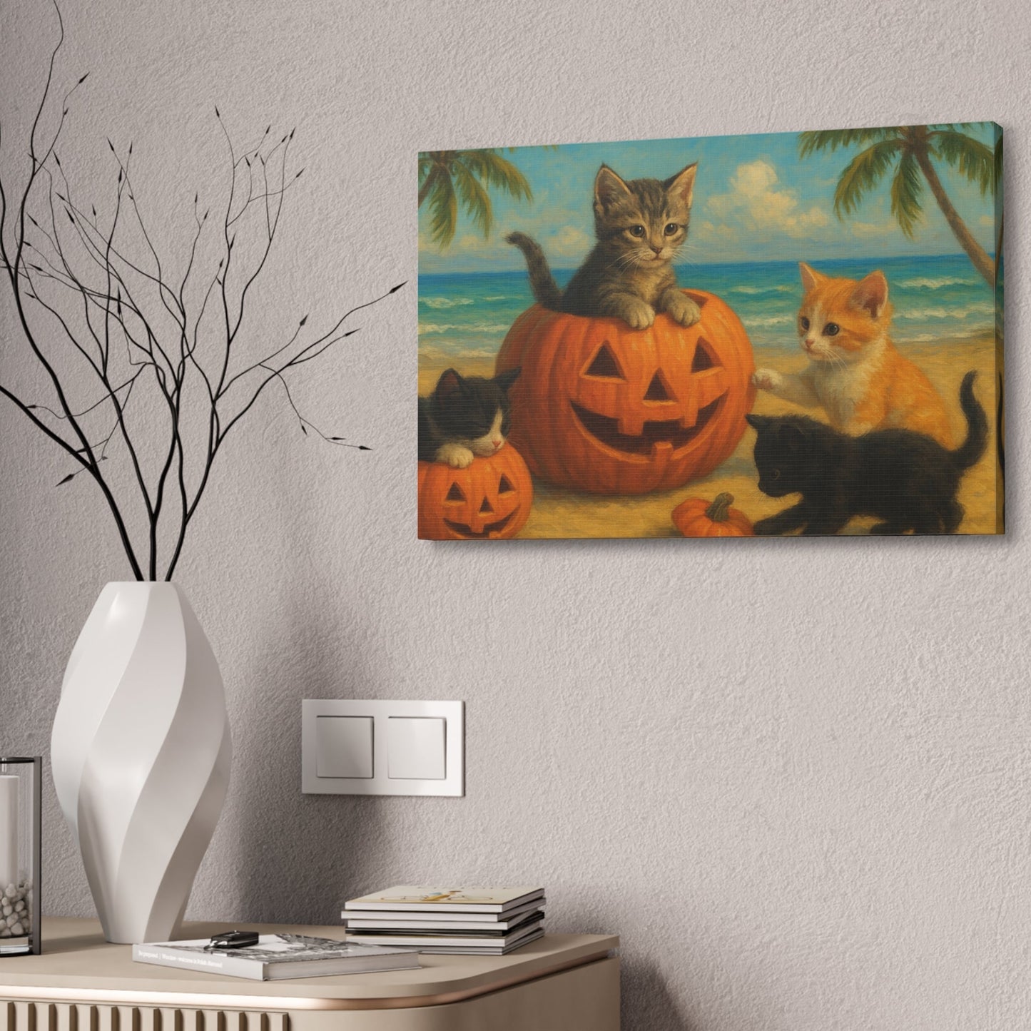 Canvas-Pumpkin Kittens wall art featuring playful kittens with carved pumpkins on a beach, perfect fall and Halloween decor.