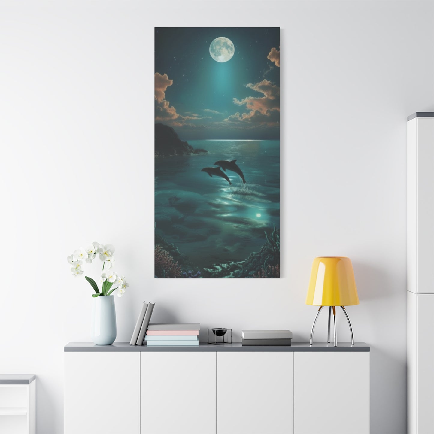 Playful Dolphin Moonlight Canvas Print — Tranquil Ocean Wall Art