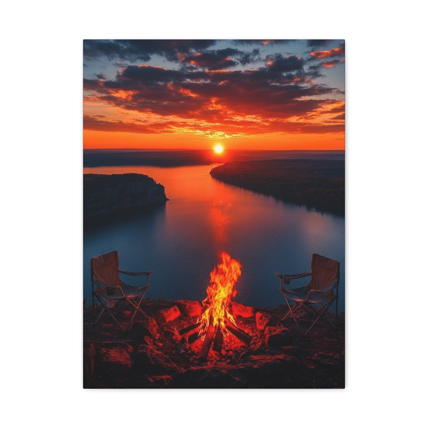Red Sunset River Canvas — Relaxing by Fire Matte Stretched Wall Art