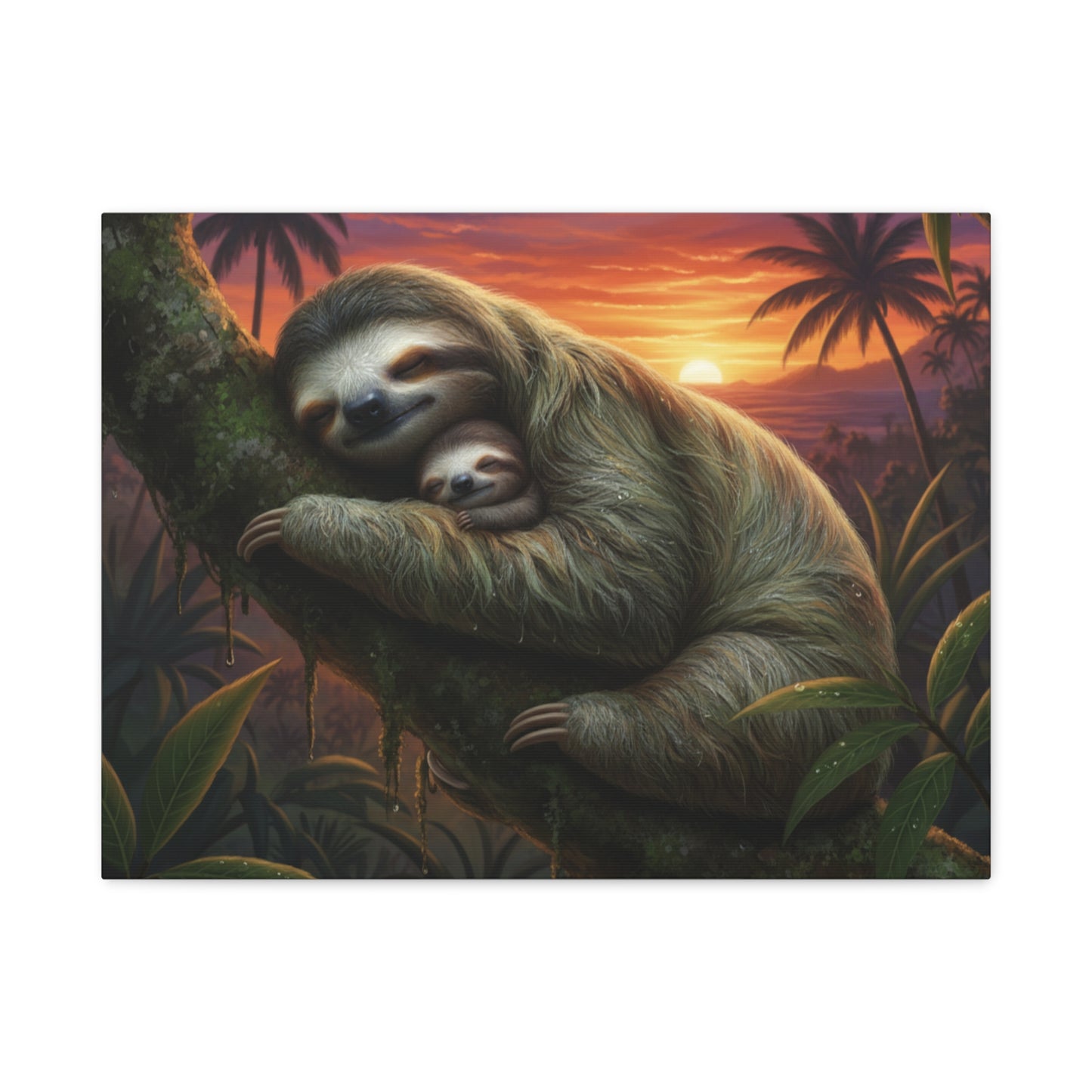 Sloth Mom & Baby Sunrise Canvas Wall Art — Stretched Matte Print