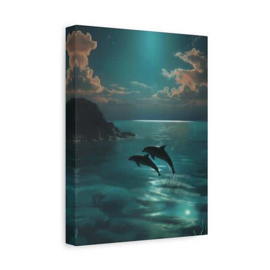 Playful Dolphin Moonlight Canvas Print — Tranquil Ocean Wall Art