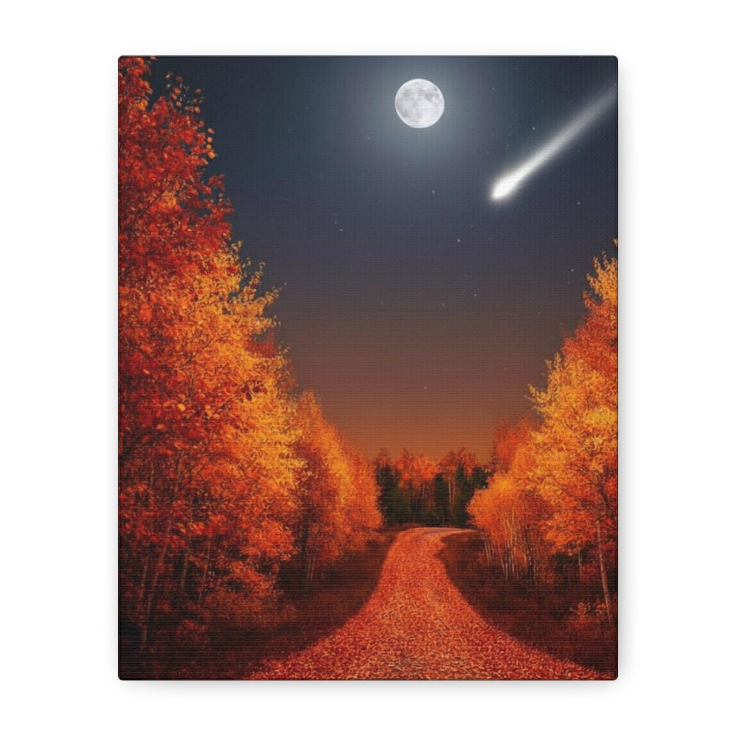 Canvas wall art depicting an autumn forest road under a full moon and shooting star with vibrant fall foliage