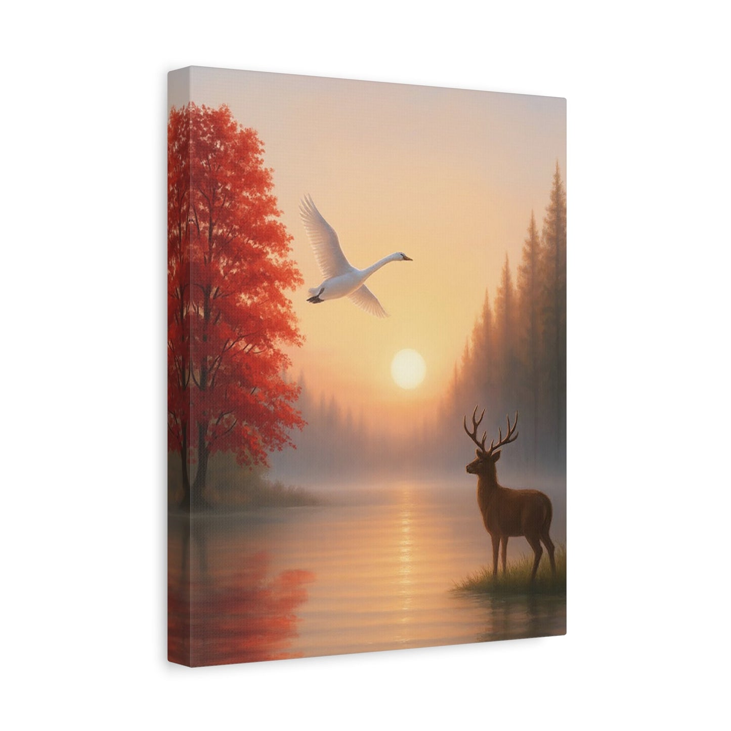 Wall art stretched canvas featuring dawn sunrise with a deer, flying swan, and tranquil lake scene