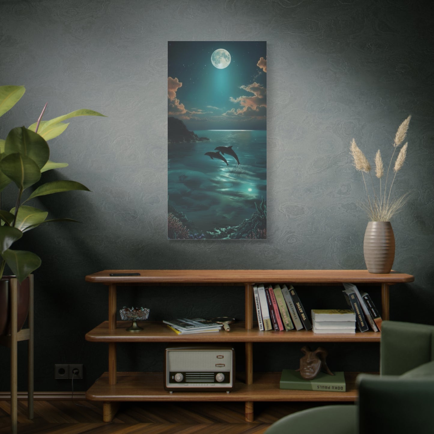 Playful Dolphin Moonlight Canvas Print — Tranquil Ocean Wall Art