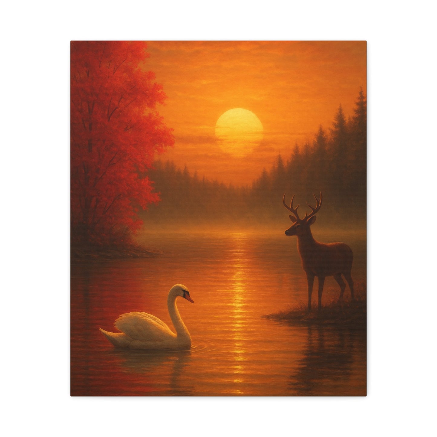 Dusk on the Autumn Lake Sunset canvas wall art with swan, deer, and fiery orange sky