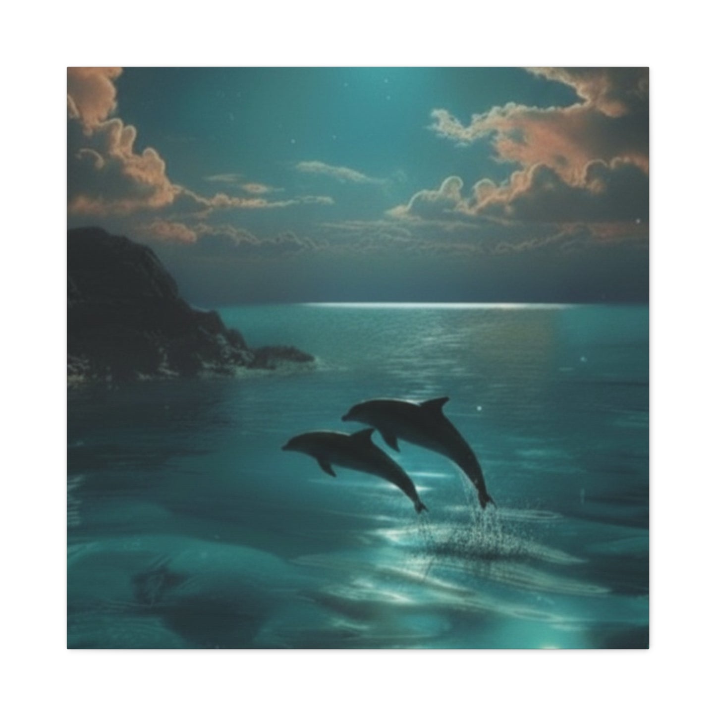 Dolphins in Turquoise Moonlit Ocean Canvas Wall Art