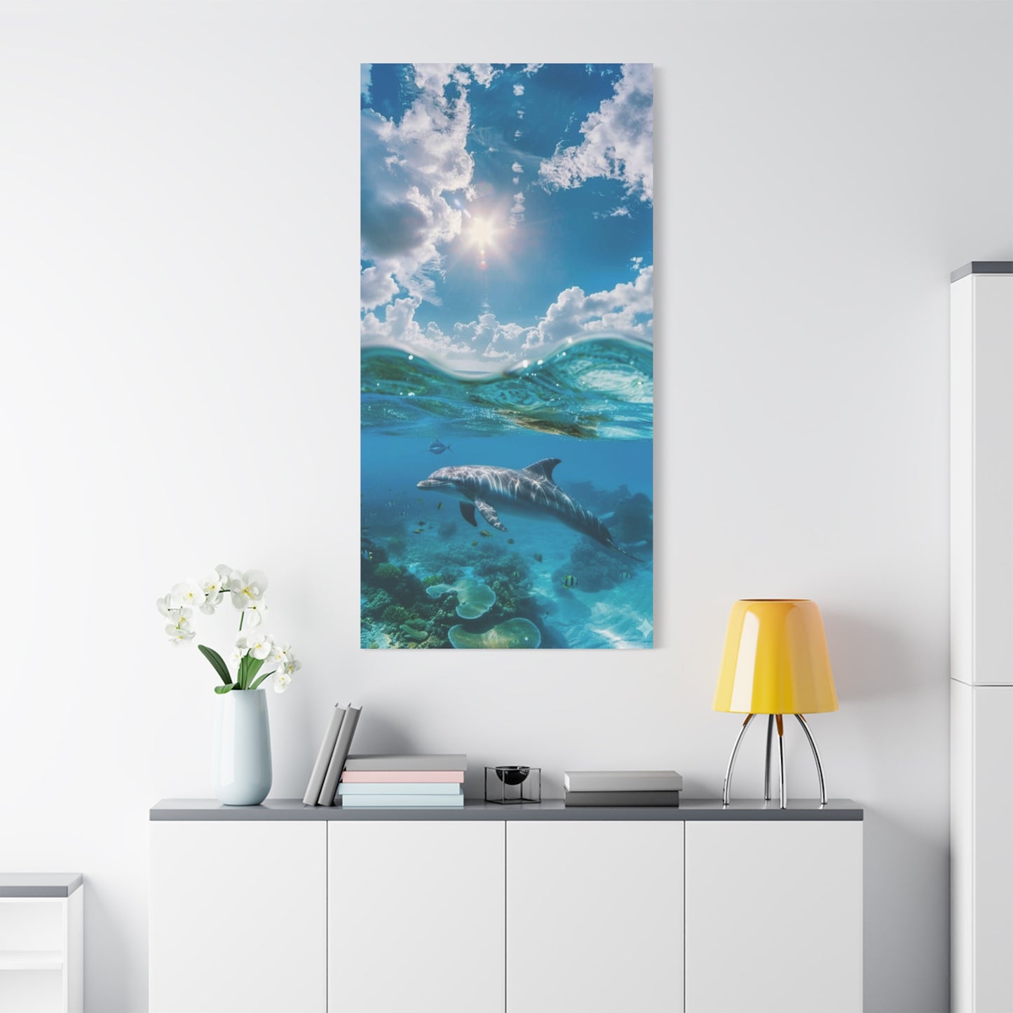 Underwater Dolphin at play Canvas Wall Art - Matte Stretched