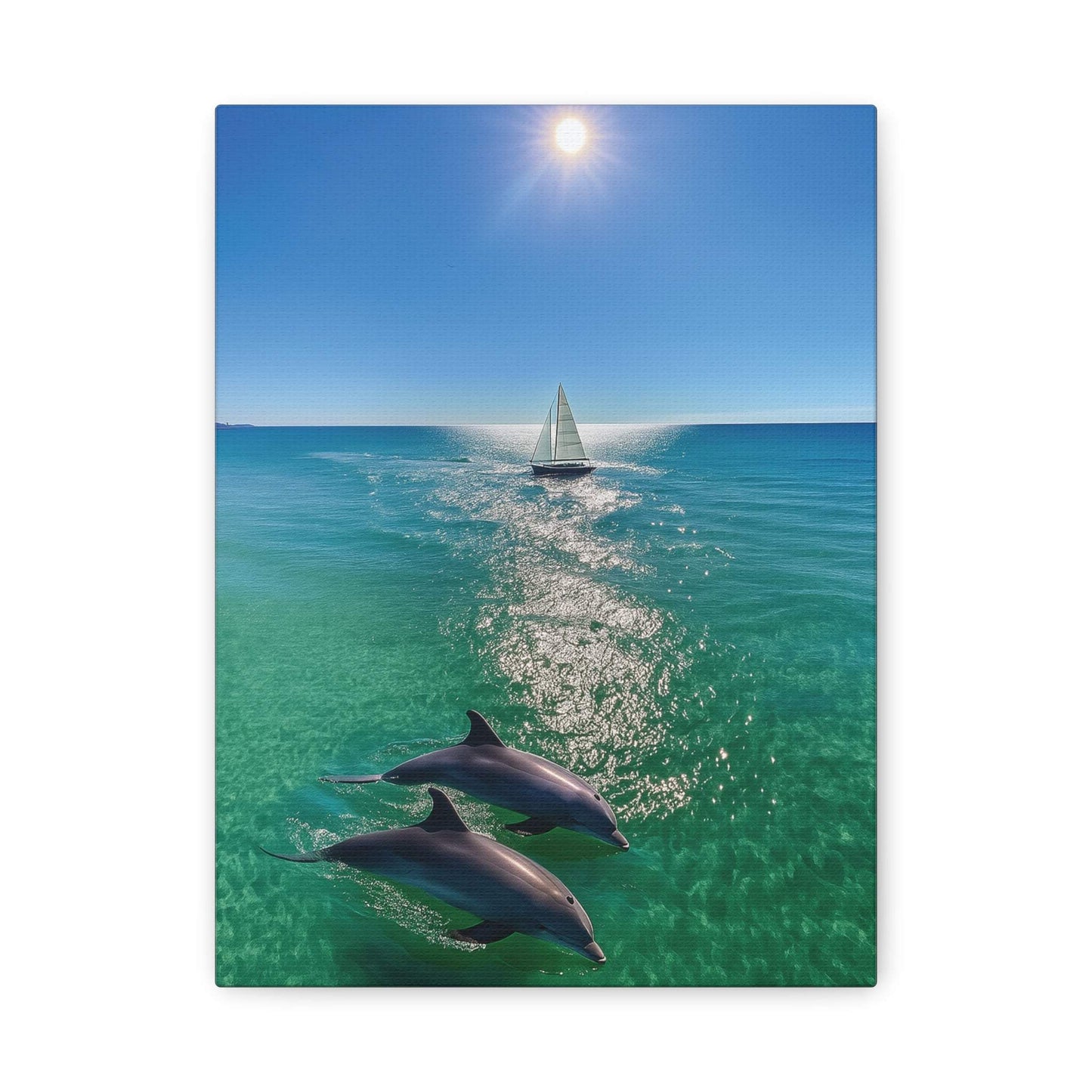 Wall art canvas print of sailboat and dolphins playing in sunlit ocean