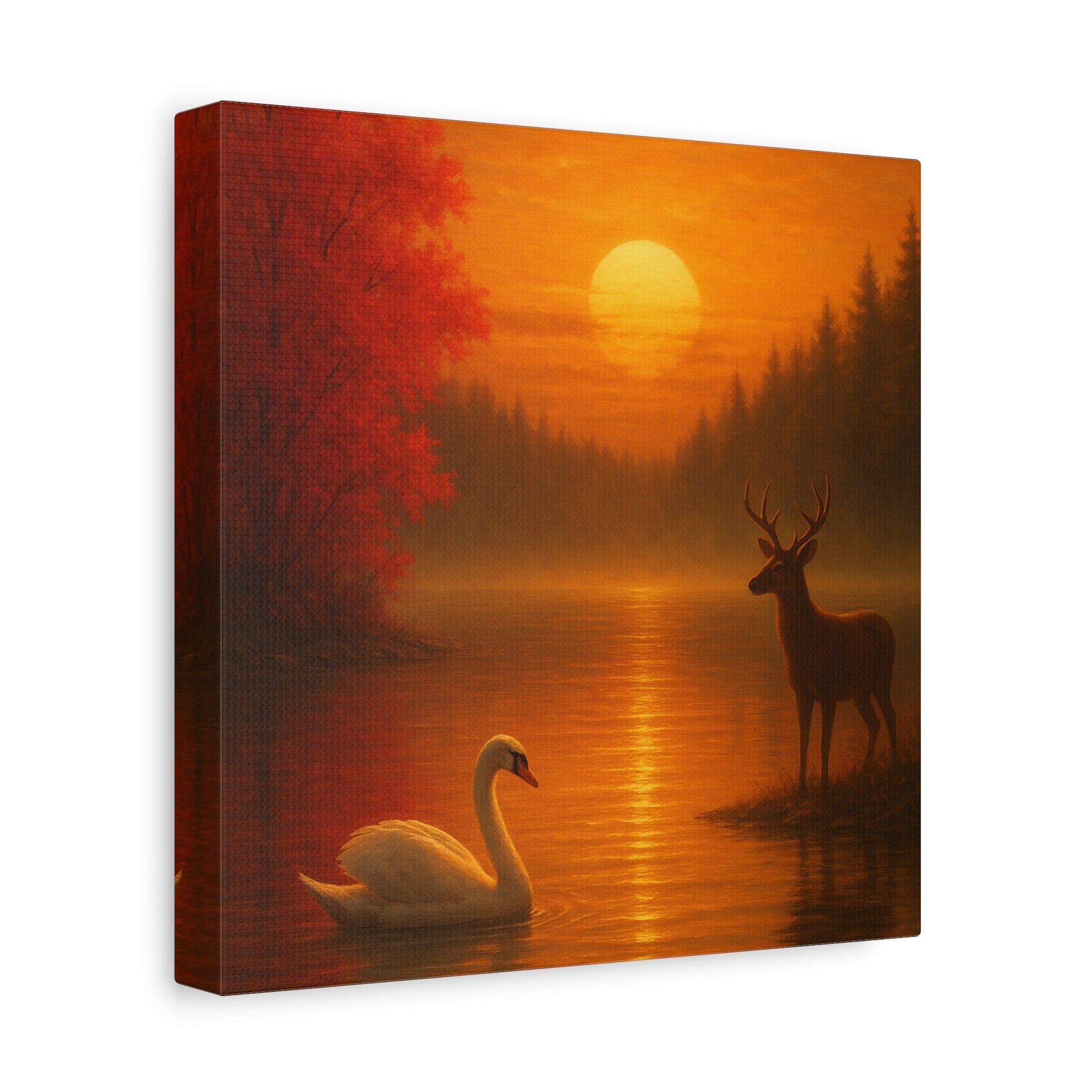 Dusk on the Autumn Lake Sunset canvas wall art with swan, deer, and fiery orange sunset over reflective lake surrounded by crimson maple leaves.
