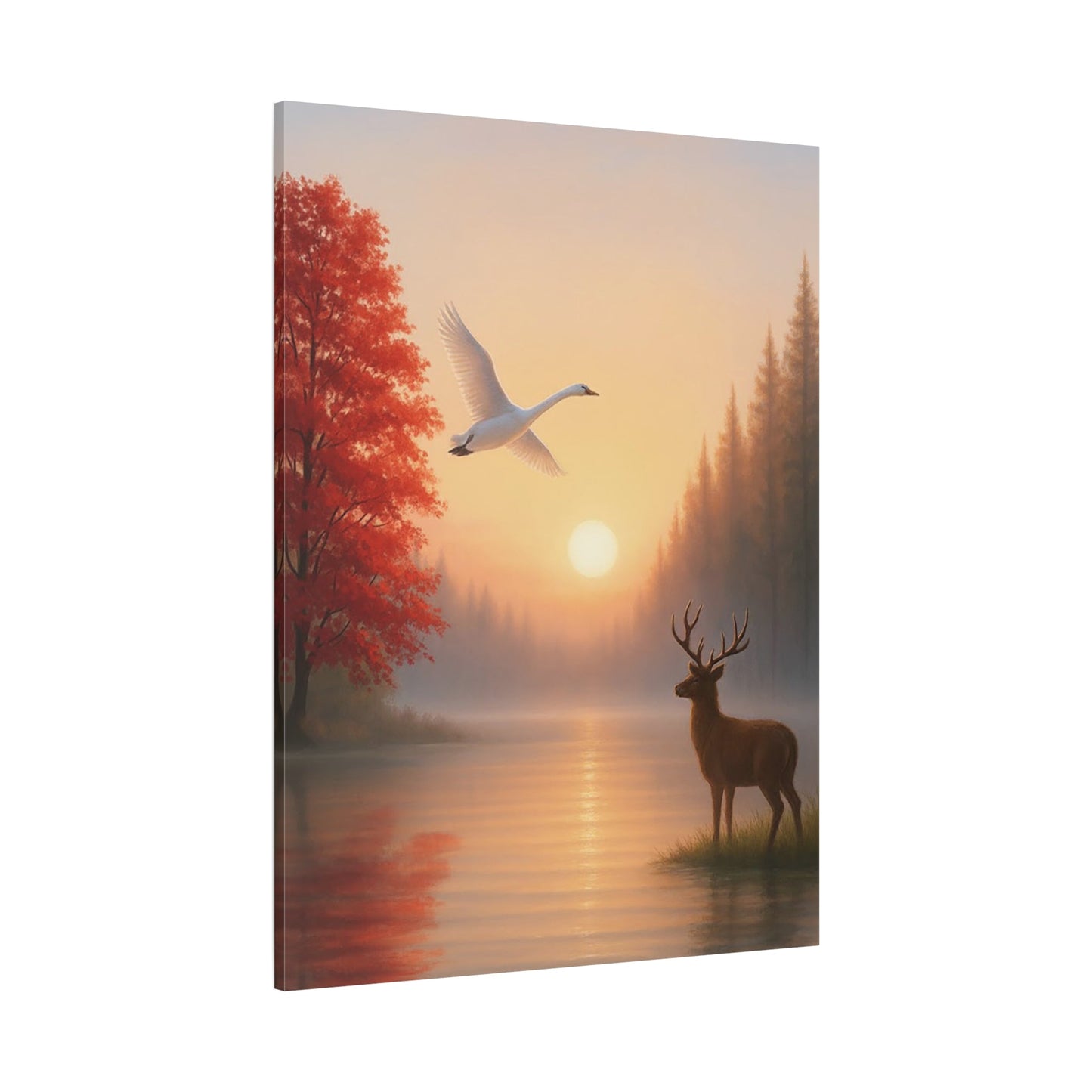 Sunrise wall art stretched canvas with deer and swan over calm lake at dawn