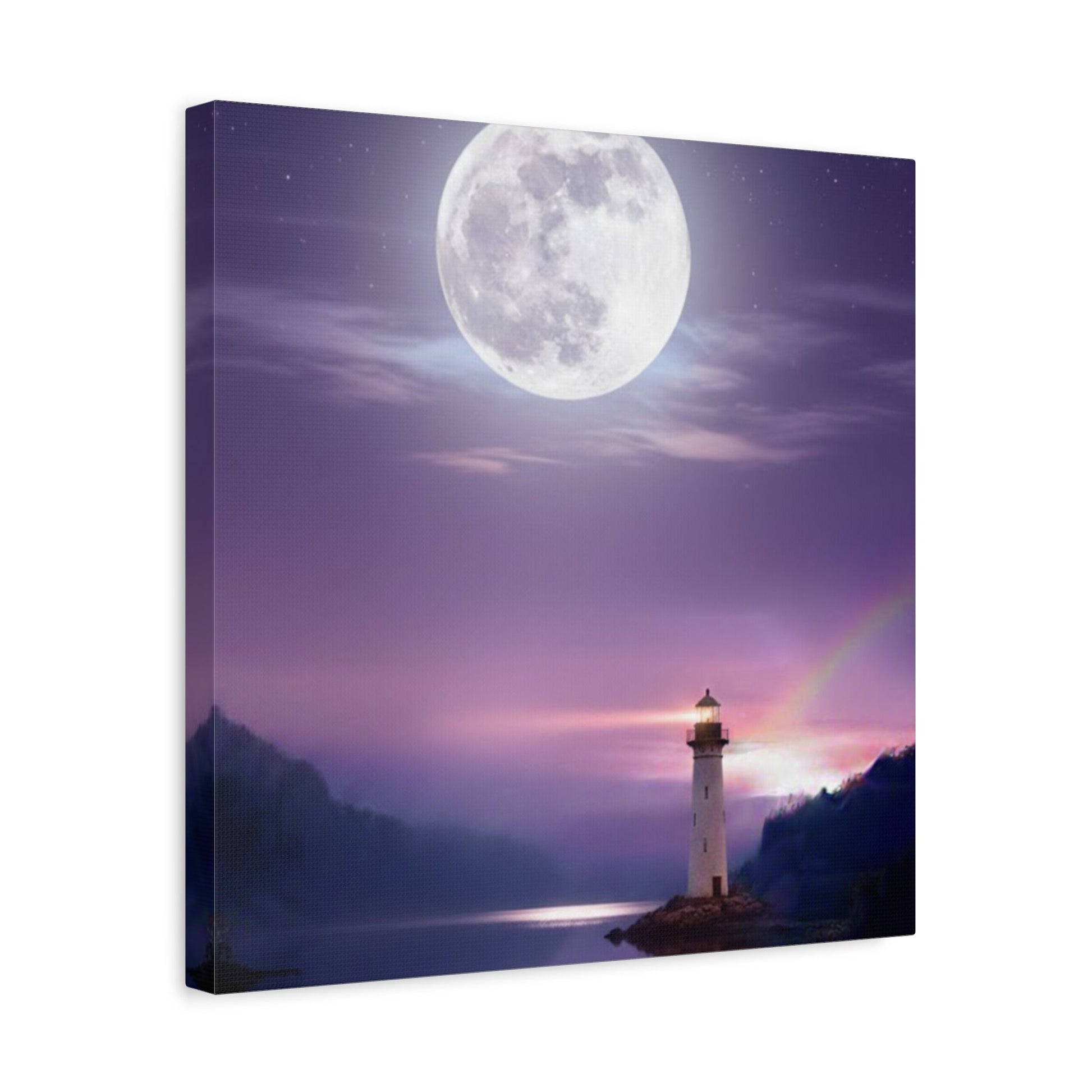 Canvas wall art featuring a tranquil lighthouse under a full moon with violet and indigo tones reflecting on a calm lake