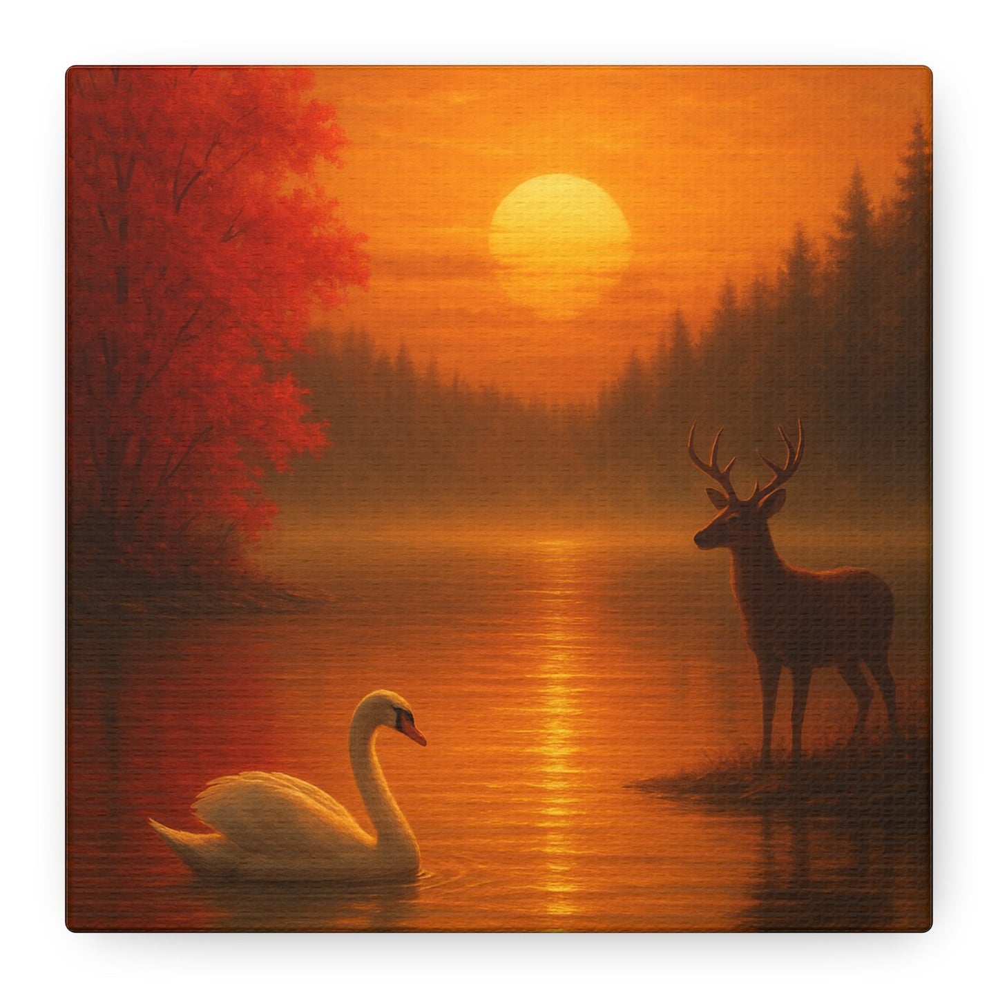 Dusk on the autumn lake sunset with swan and deer by crimson maple trees on canvas wall art