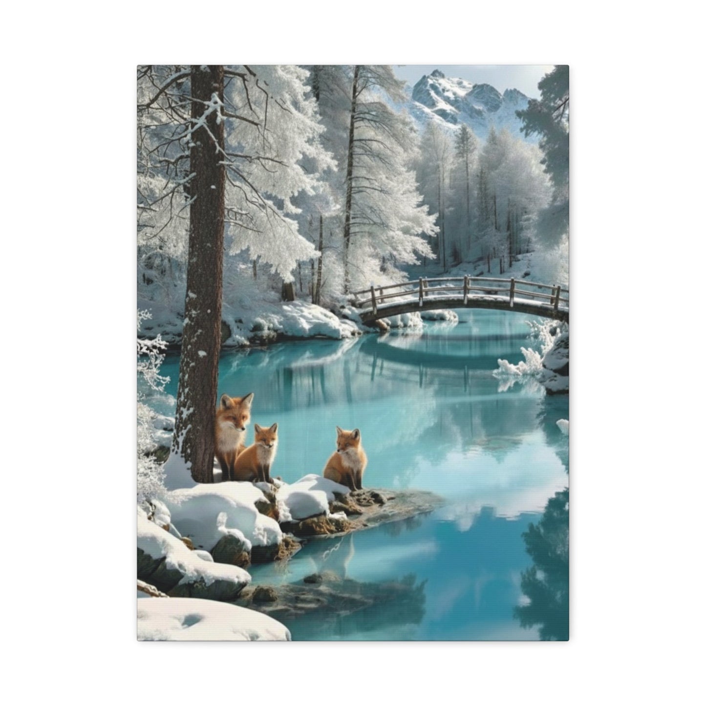 canvas wall art depicting winter landscape with a bridge over serene water and three foxes by snowy trees