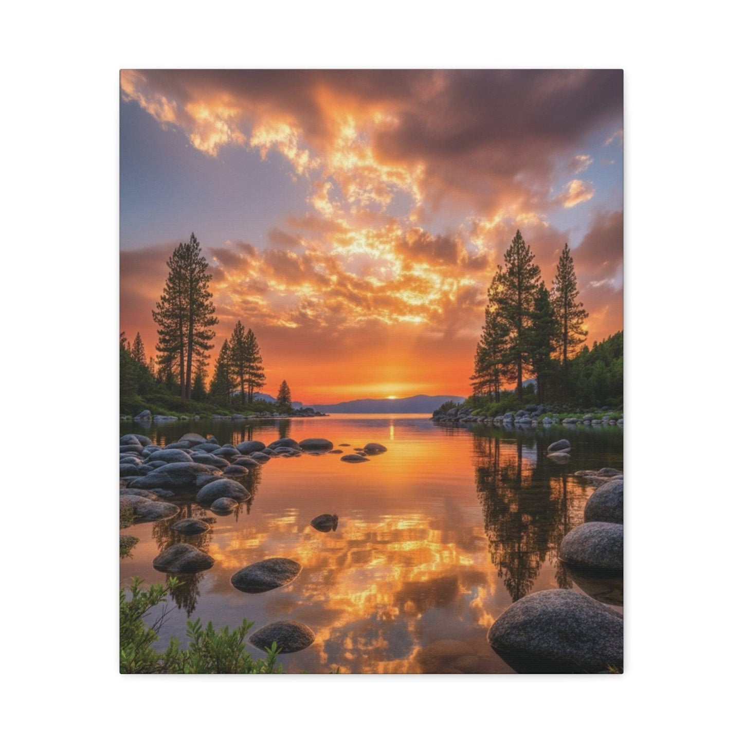 Canvas wall art of sunrise through evergreen path with lush pine trees and golden light reflection on water