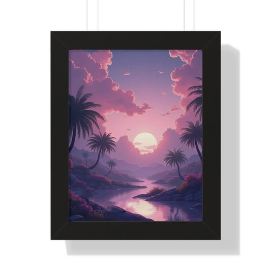 Tropical Sunset Framed Poster with palm trees and sunset over river in serene landscape wall art for home décor