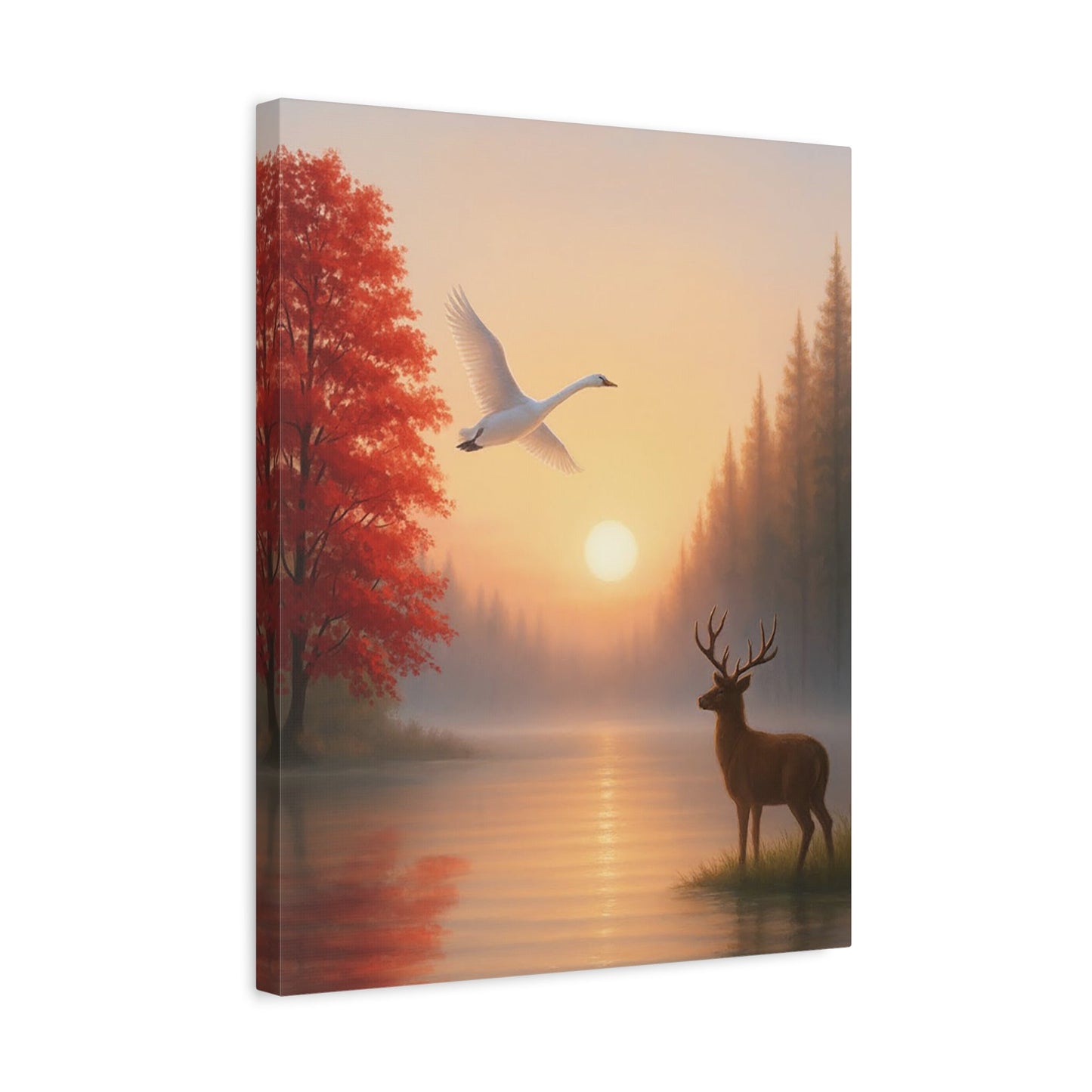 Stretched wall art of dawn sunrise with deer silhouette and swan over calm lake with red tree and mist
