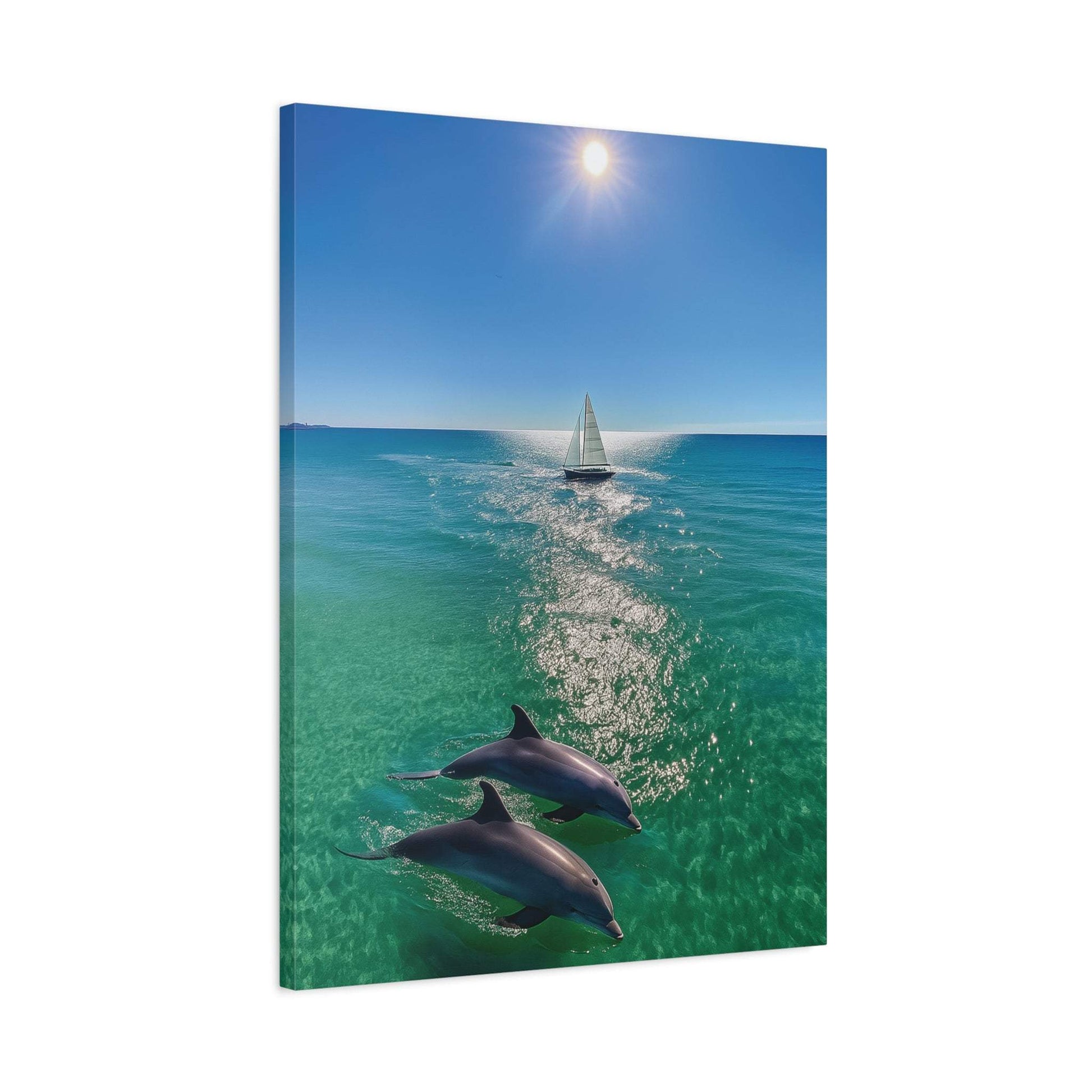 Wall art canvas print featuring sailboat and dolphins playing in ocean under bright sun.