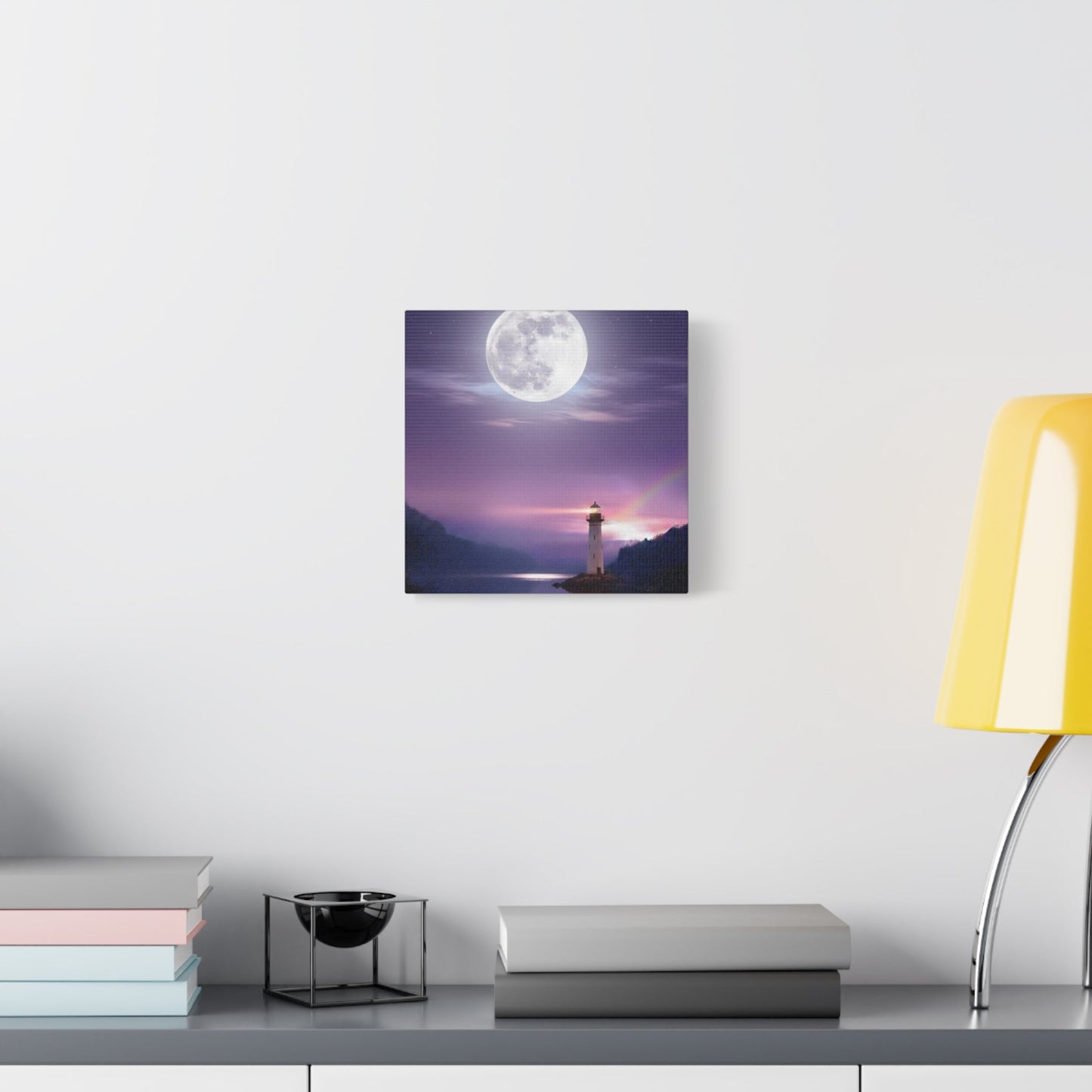 Canvas wall art of serene lighthouse under full moon over calm lake in violet and indigo tones