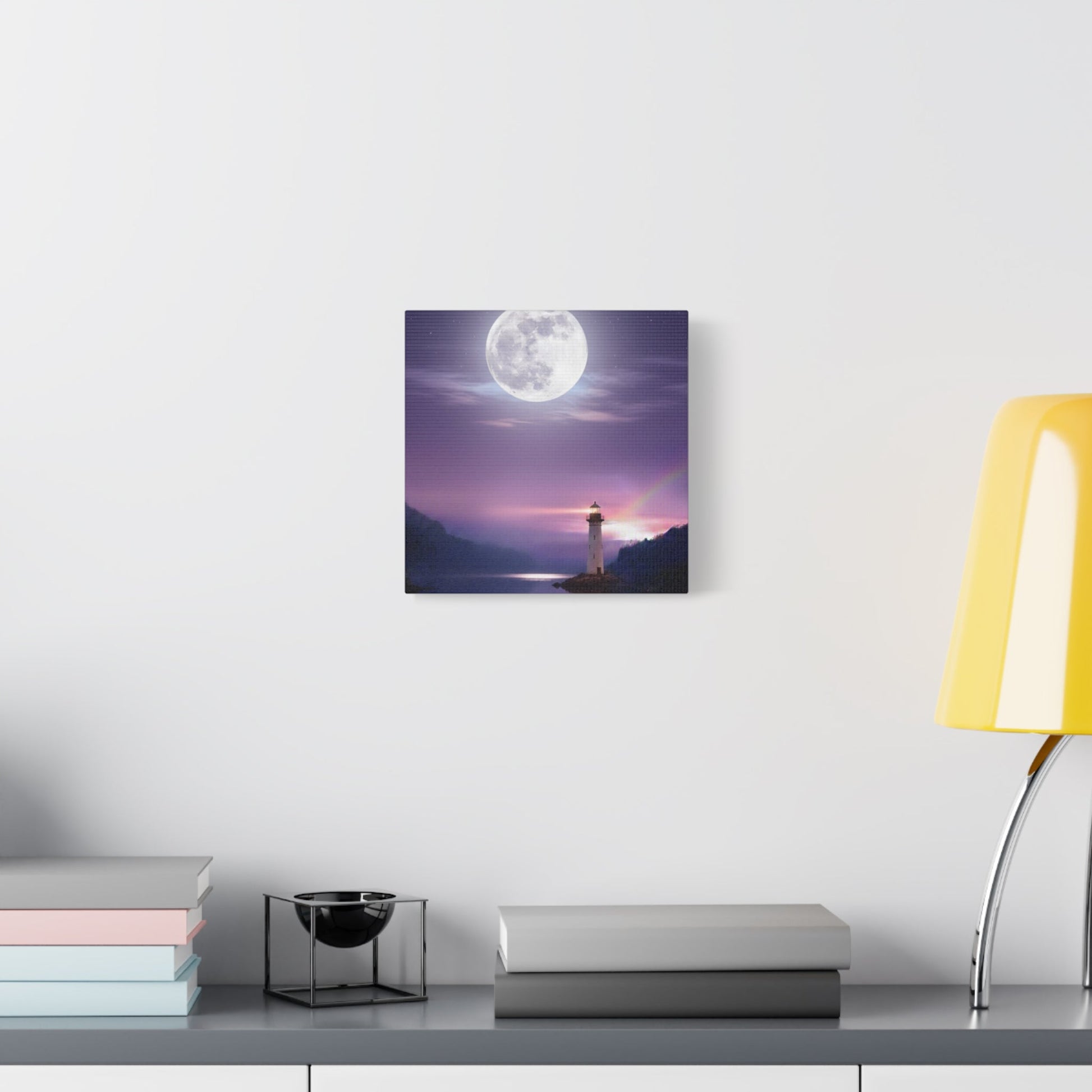 Canvas wall art of serene lighthouse under full moon over calm lake in violet and indigo tones
