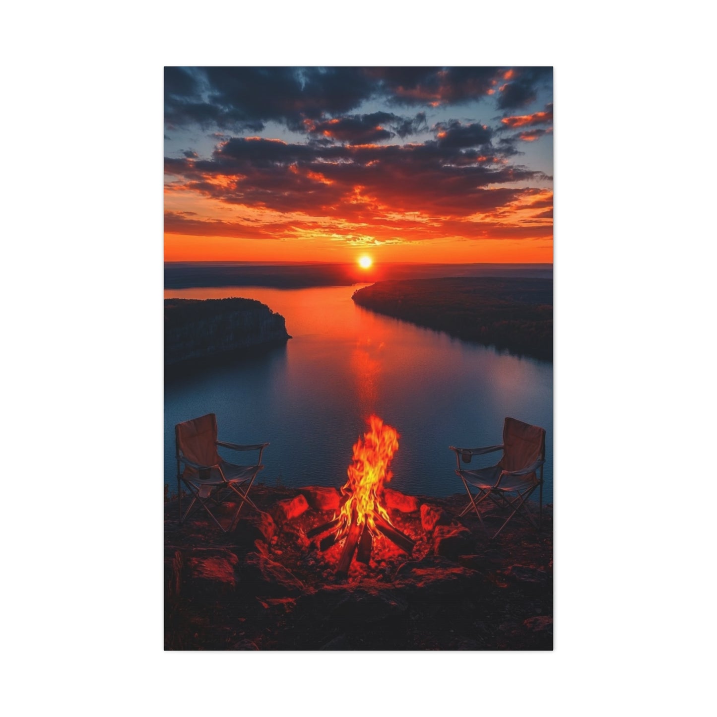 Red Sunset River Canvas — Relaxing by Fire Matte Stretched Wall Art