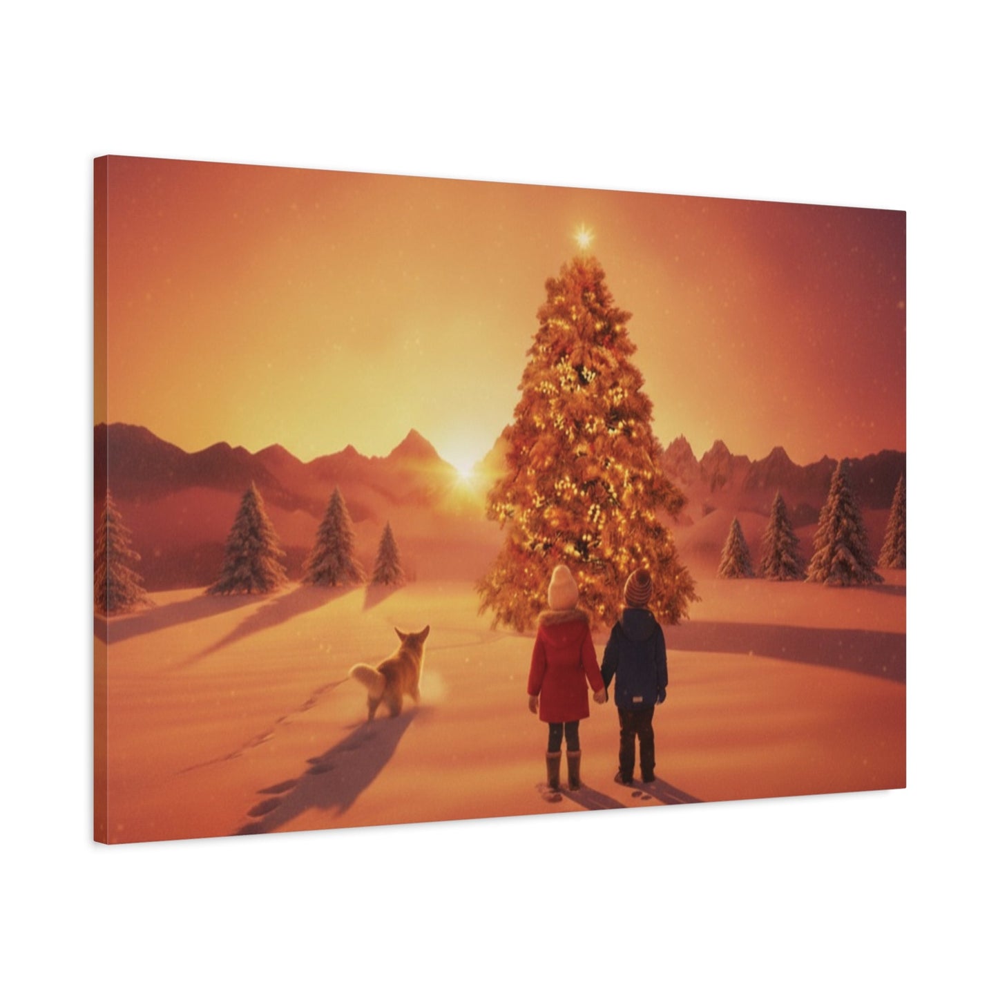 Canvas wall art of children and dog discovering a glowing Christmas tree at sunrise in snowy field