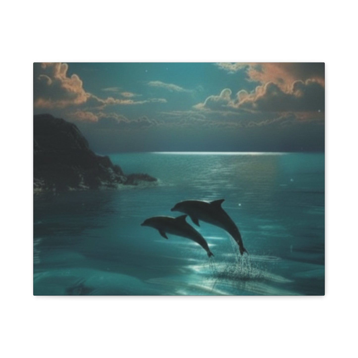 Dolphins in Turquoise Moonlit Ocean Canvas Wall Art